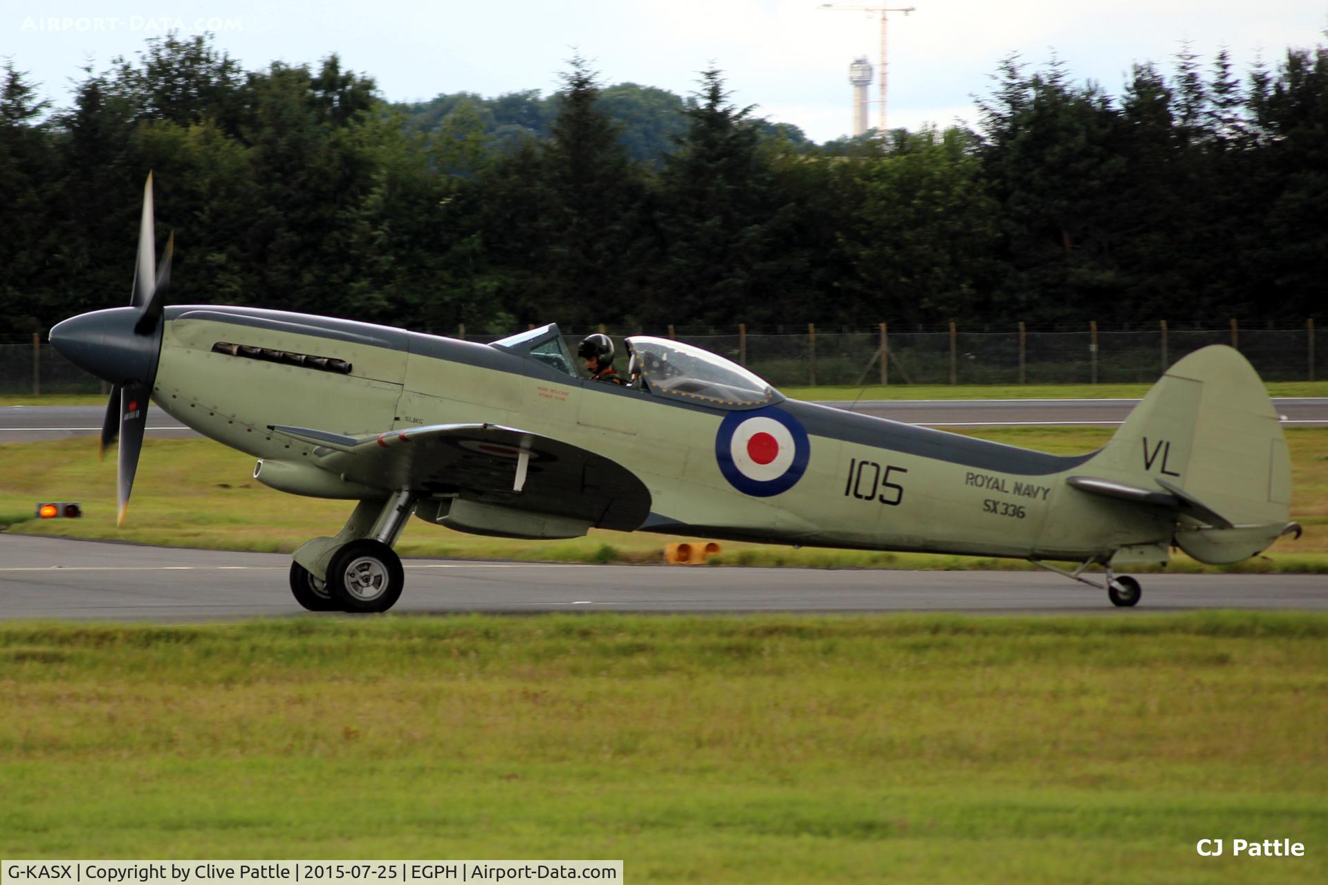 G-KASX, 1946 Supermarine 395 Seafire F.XVII C/N FLWA 25488, In action at Edinburgh EGPH during deployment to the Scottish Museum of Flight Airshow at nearby East Fortune airfield.