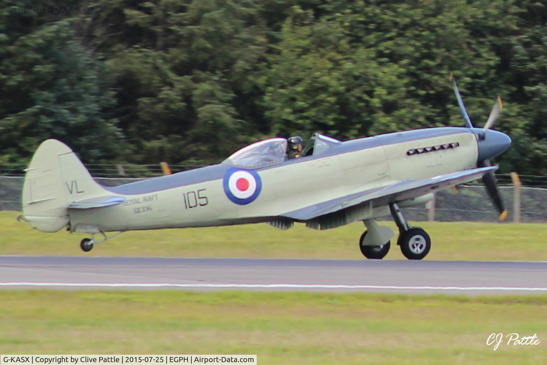G-KASX, 1946 Supermarine 395 Seafire F.XVII C/N FLWA 25488, In action at Edinburgh EGPH during an appearance at the Scottish Museum of Flight Airshow at nearby East Fortune airfield.