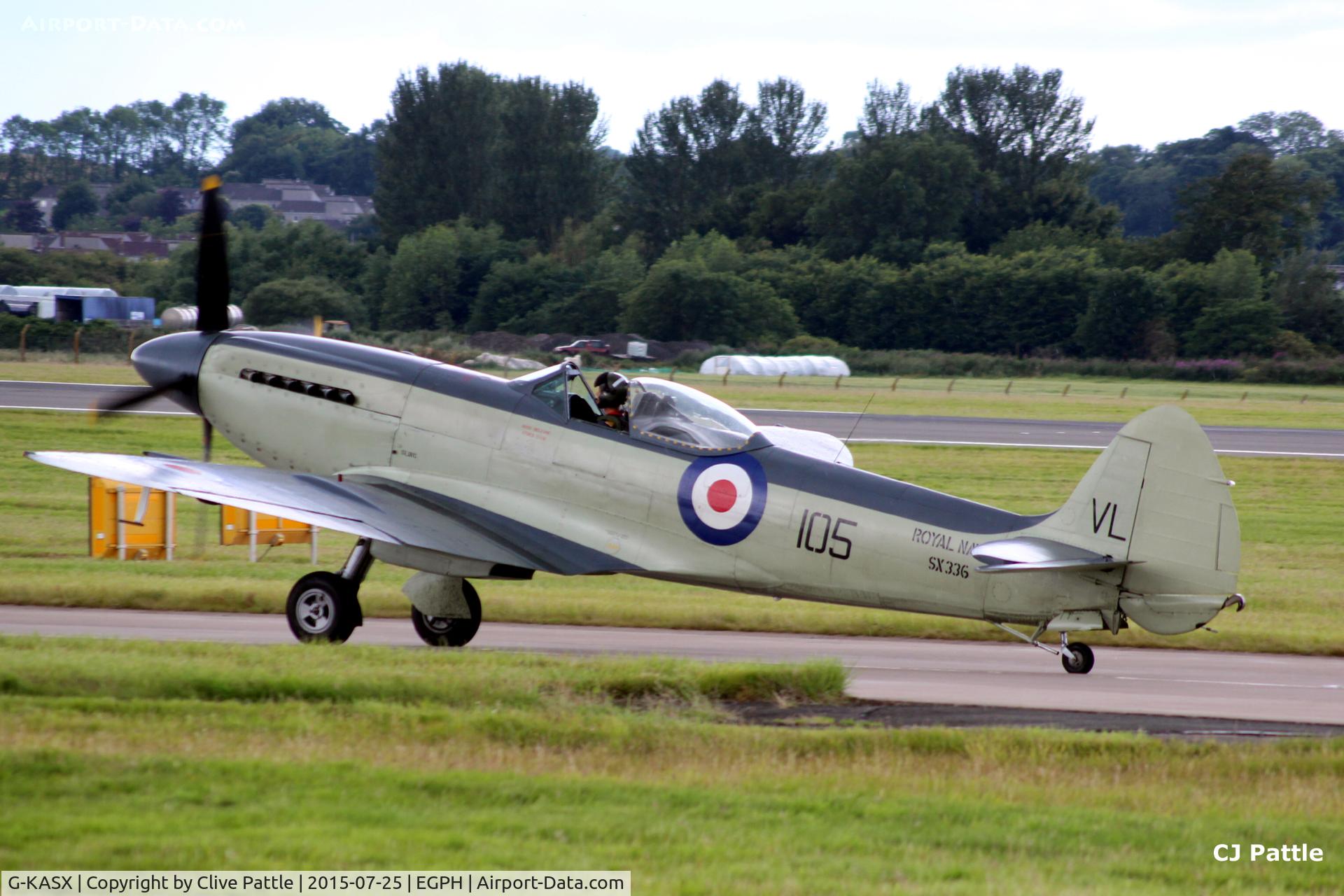 G-KASX, 1946 Supermarine 395 Seafire F.XVII C/N FLWA 25488, In action at Edinburgh EGPH during deployment to the Scottish Museum of Flight Airshow at nearby East Fortune airfield.