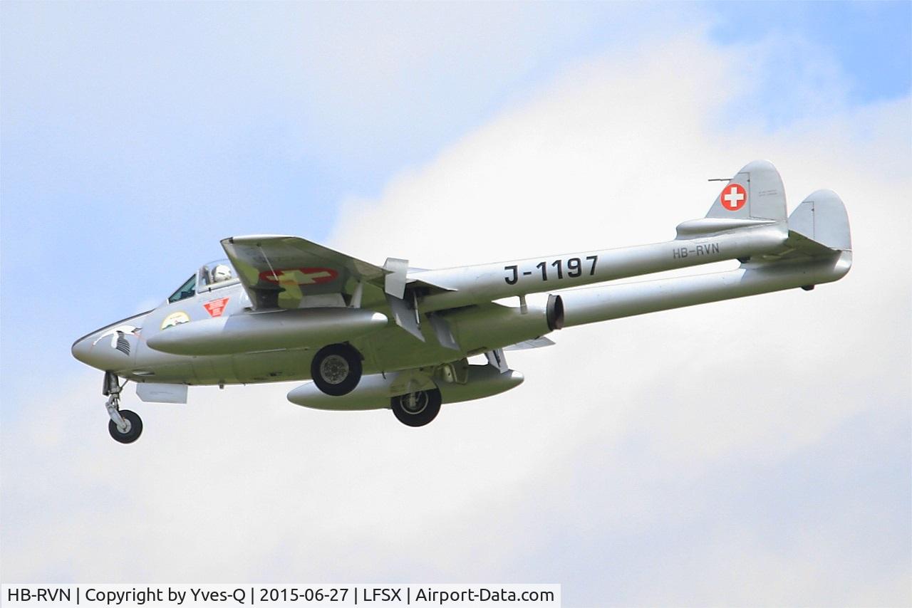 HB-RVN, 1952 De Havilland (FFA) Vampire FB.6 (DH-100) C/N 706, De Havilland (FFA) Vampire FB.6 (DH-100), Short approach rwy 29, Luxeuil-Saint Sauveur Air Base 116 (LFSX) Air show 2015