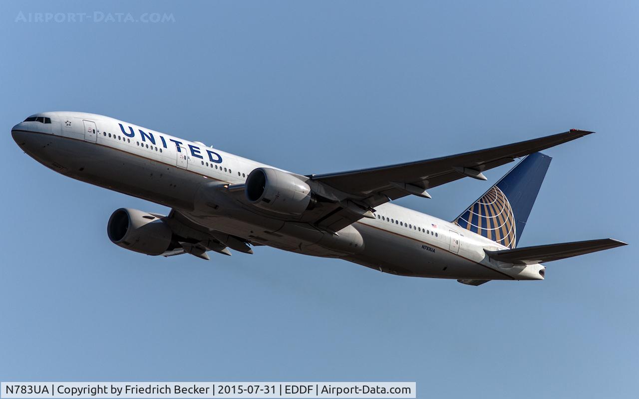 N783UA, 1997 Boeing 777-222/ER C/N 26950, departure via RW25R