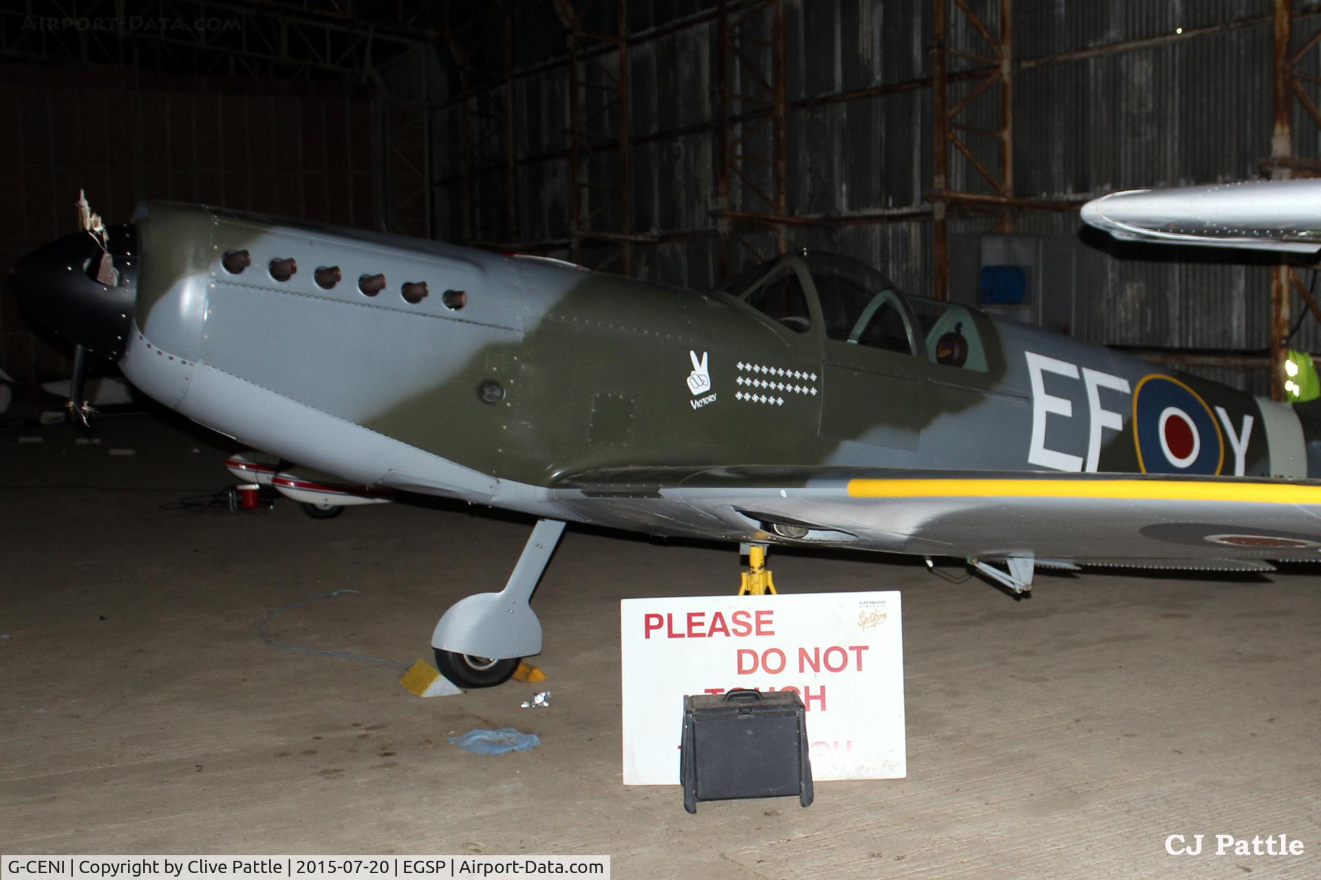 G-CENI, 2007 Supermarine Aircraft Spitfire Mk.26 C/N PFA 324-14102, Safely hangared at Sibson EGSP less than 24 hours after if successfully carried out a wheels up landing caught on video at https://youtu.be/FbkFeaO-bDg