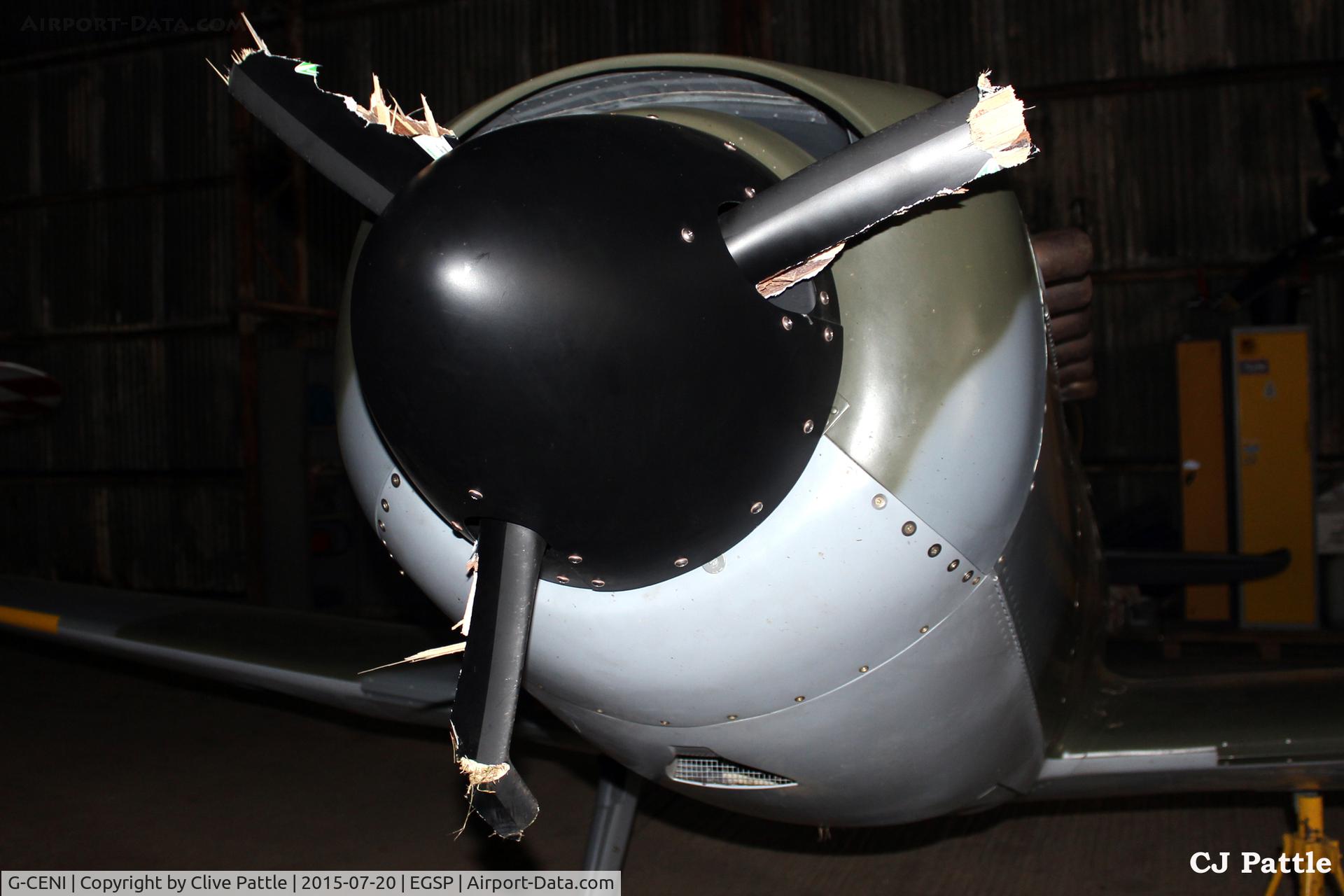 G-CENI, 2007 Supermarine Aircraft Spitfire Mk.26 C/N PFA 324-14102, Spinner and prop damage on G-CENI at Sibson EGSP less than 24 hours after if successfully carried out a wheels up landing caught on video at https://youtu.be/FbkFeaO-bDg