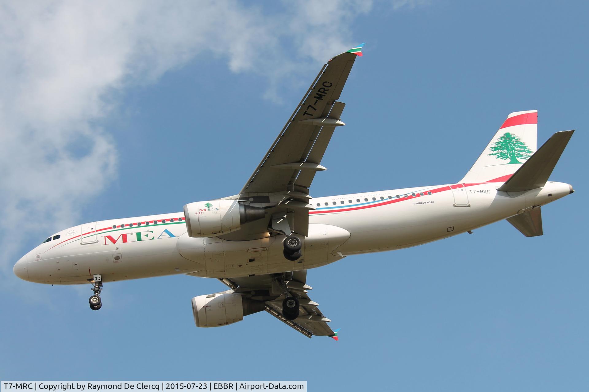 T7-MRC, 2012 Airbus A320-214 C/N 5253, First flight on 2012-07-23 with test reg. F-WWDN.
Ex F-OMRC with MEA.  T7-MRC short final at Brussels airport.