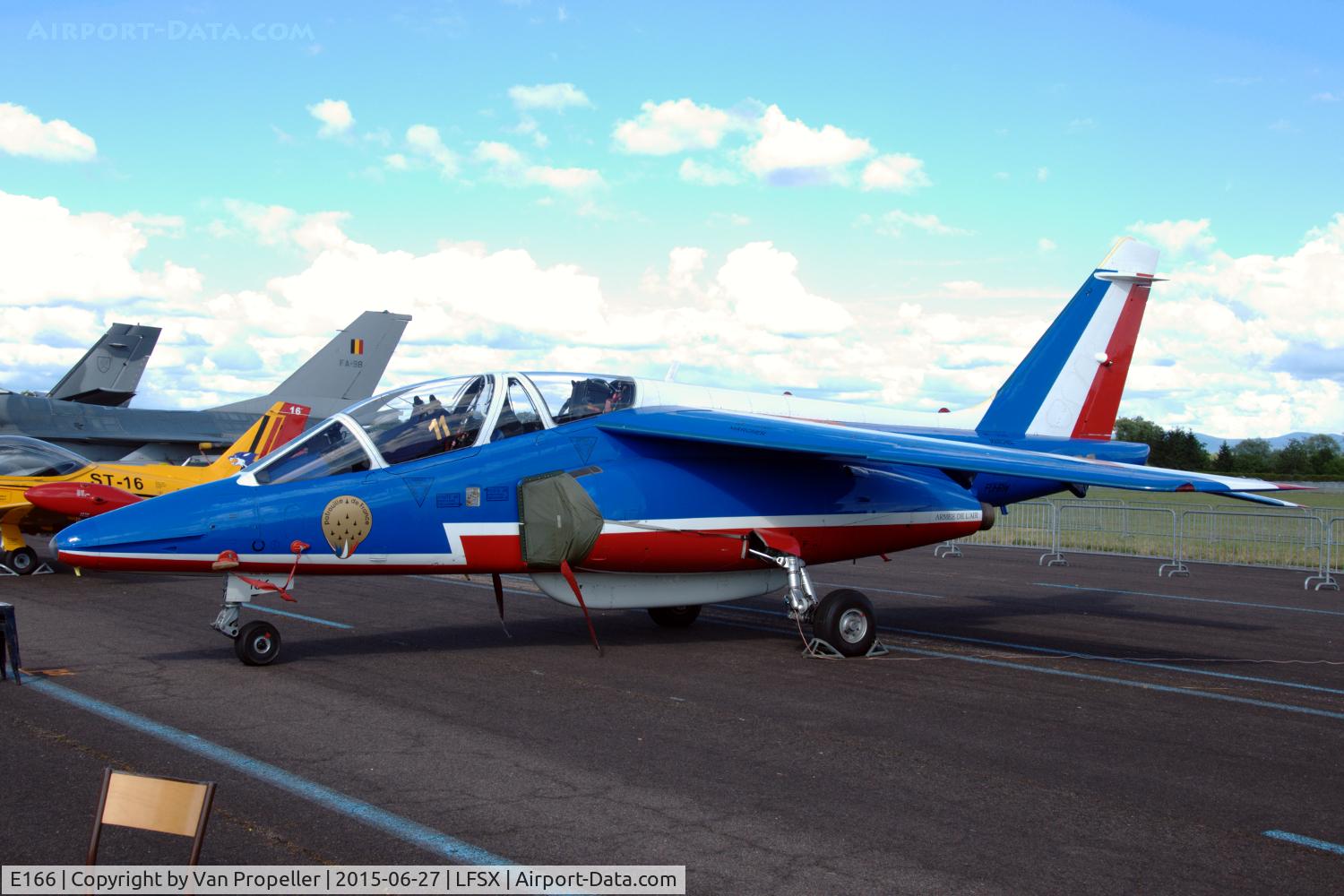 E166, Dassault-Dornier Alpha Jet E C/N E166, Alpha Jet E in Patrouille de France colours, but without tail number. Luxeuil Air Base, 2015