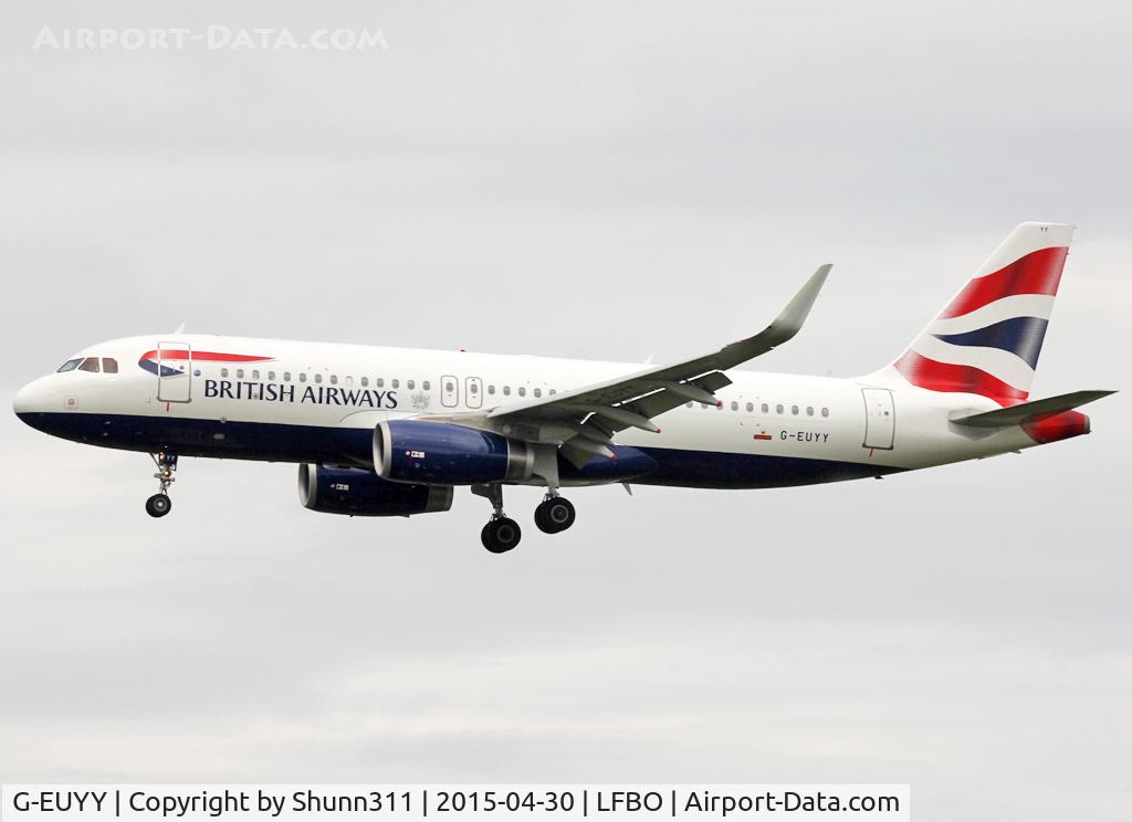 G-EUYY, 2014 Airbus A320-232 C/N 6290, Landing rwy 32L now with blended winglets
