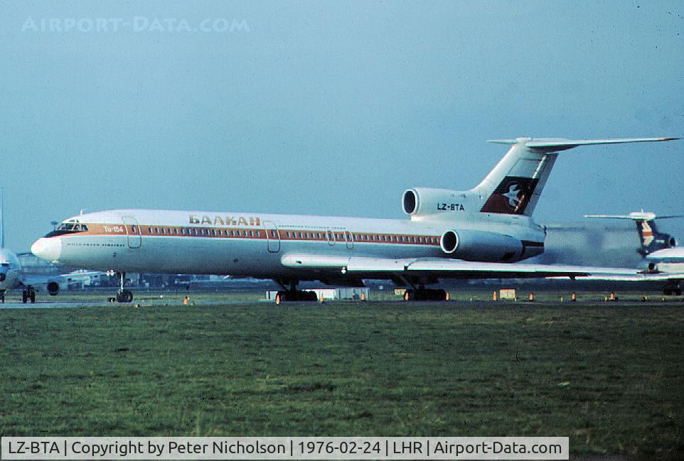 LZ-BTA, 1972 Tupolev Tu-154A C/N 72A026, Tupolev Tu-154A of Balkan Bulgarian Airlines as seen at Heathrow in the Spring of 1976.