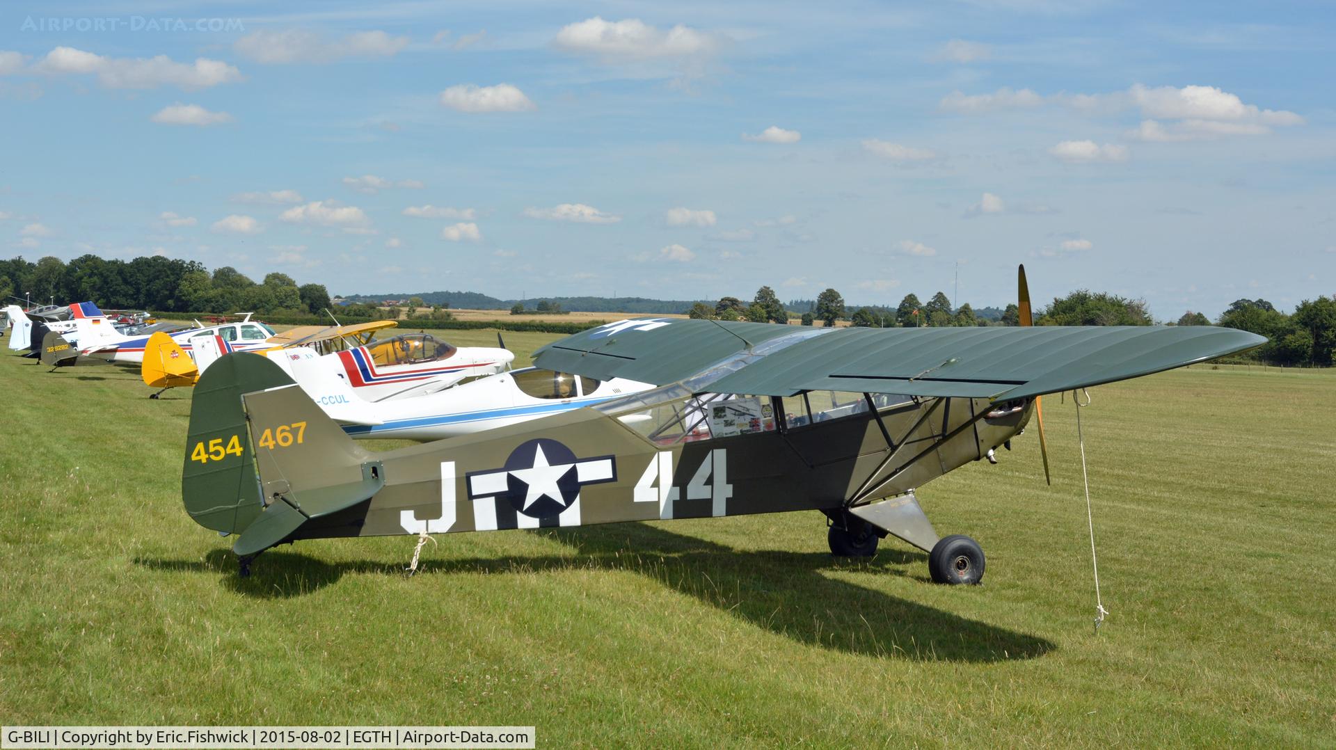 G-BILI, 1948 Piper L-4J Grasshopper (J3C-65D) C/N 13207, 2. 454467 on the flight line at The Shuttleworth Wings and Wheels Airshow, Aug. 2015.