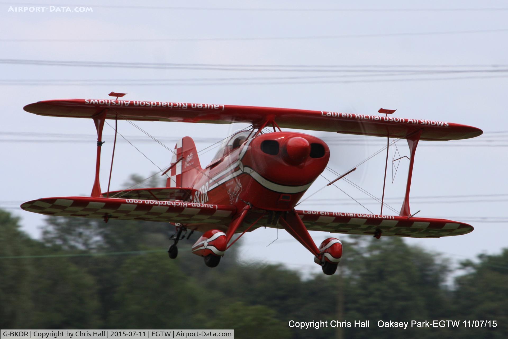 G-BKDR, 1982 Pitts S-1S Special C/N PFA 009-10654, Lauren Richardson departing from Oaksey Park for a display in Lincolnshire