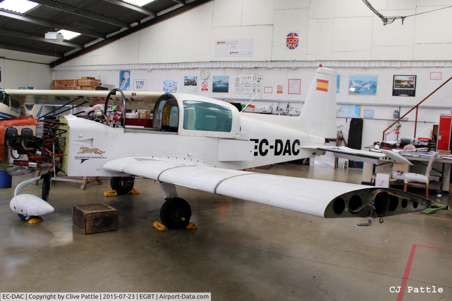 EC-DAC, 1976 Grumman American AA-5A Cheetah C/N AA5A-0347, Undergoing maintenance at the AKKI Aero Engineering facility at Turweston EGBT. This aircraft to become G-GDAC in the near future.