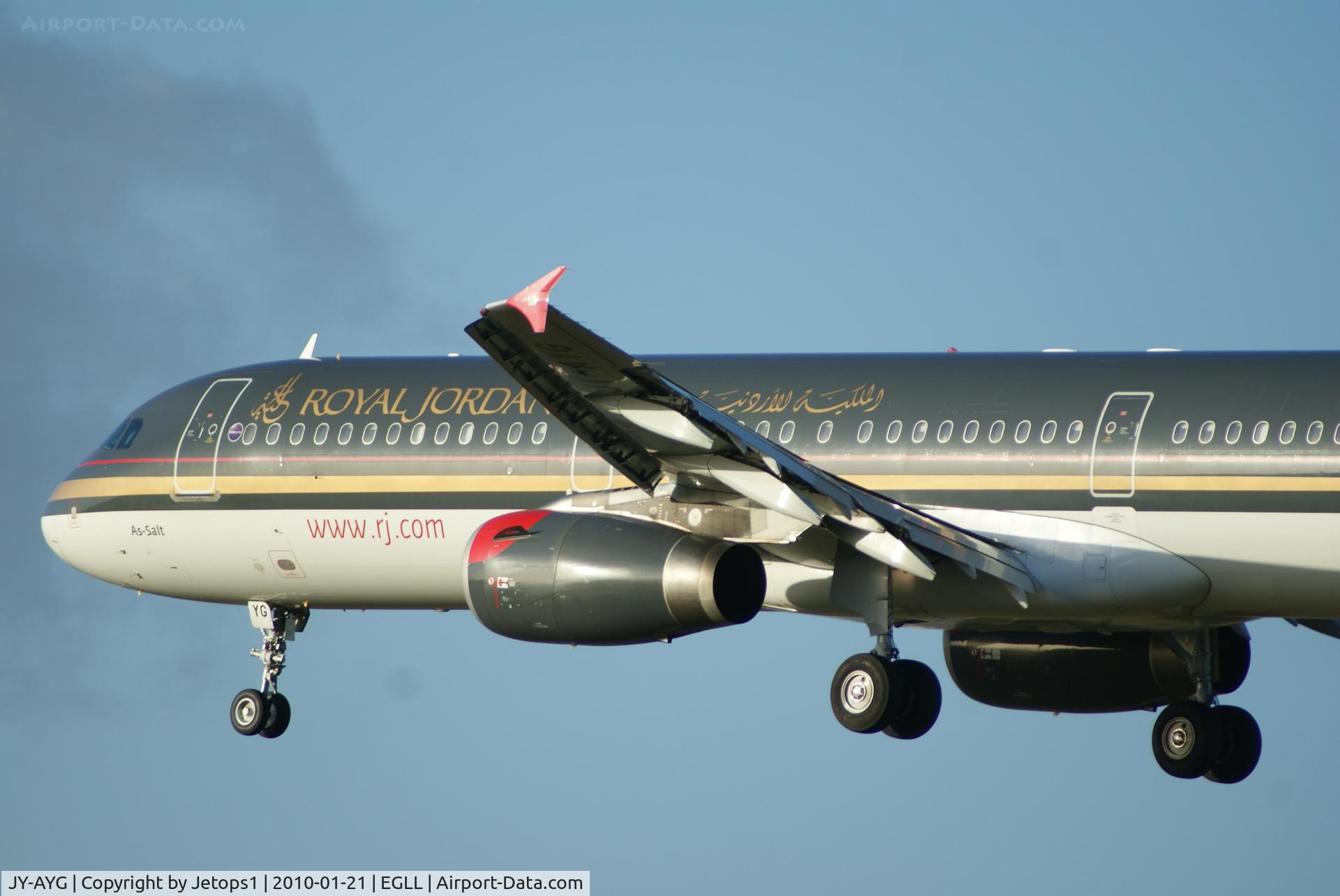 JY-AYG, 2006 Airbus A321-231 C/N 2730, Close up JY-AYG A321 Royal Jordanian Airlines on finals into Heathrow runway 27L