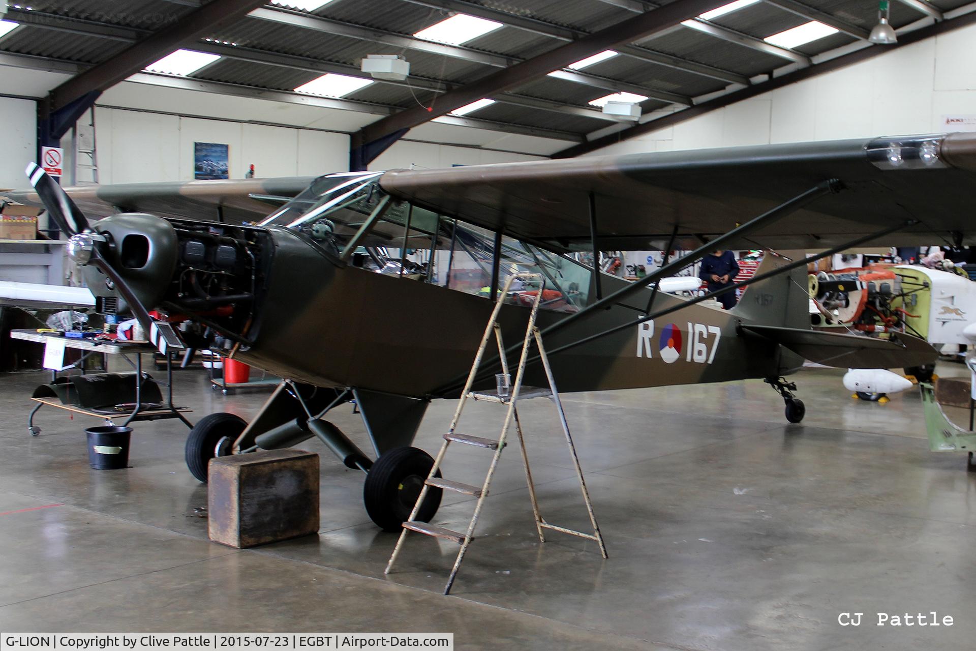 G-LION, 1954 Piper L-21B Super Cub (PA-18-135) C/N 18-3857, Undergoing maintenance at the AKKI Aero Engineering facility at Turweston EGBT.