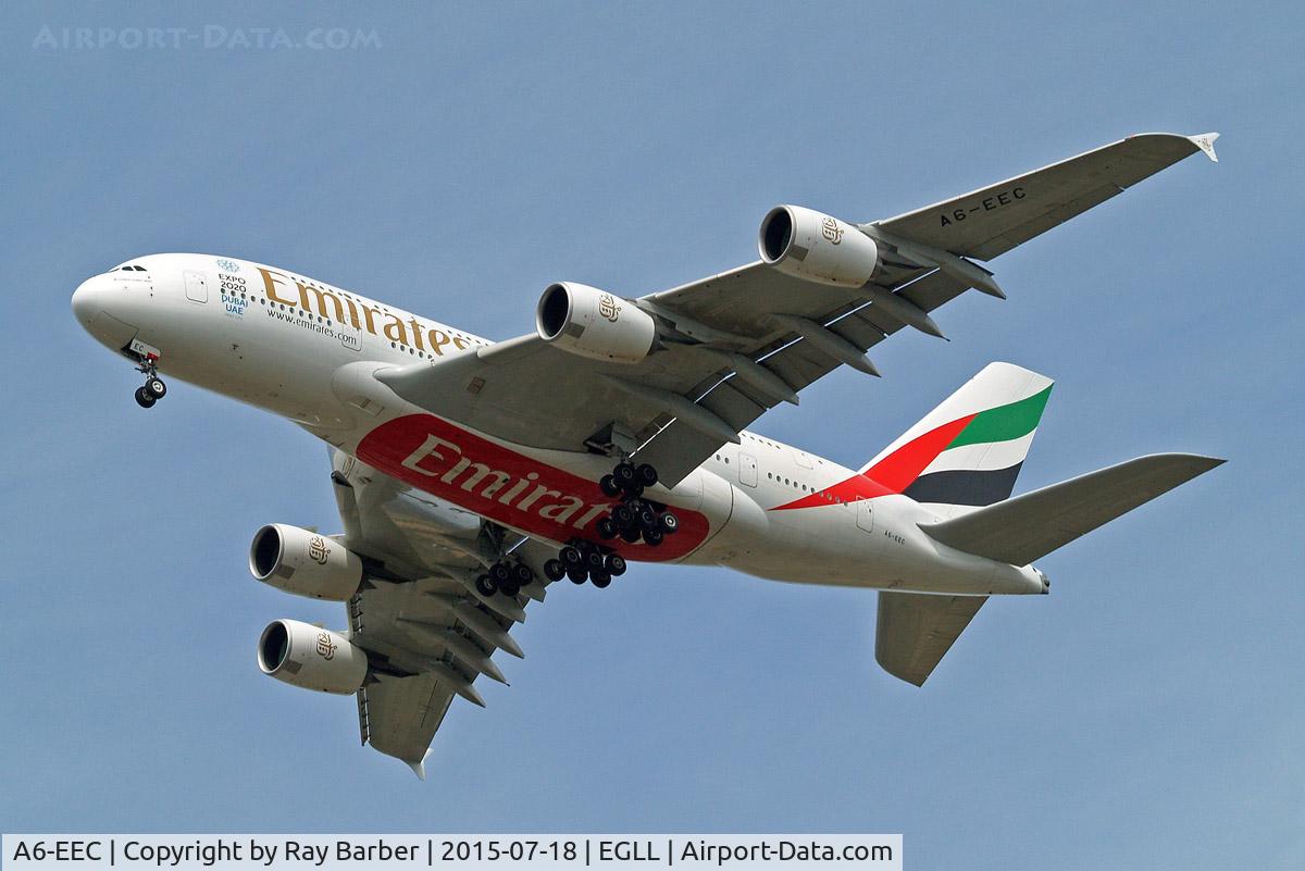A6-EEC, 2012 Airbus A380-861 C/N 110, Airbus A380-861 [110] (Emirates Airlines) Home~G 18/07/2015. On approach 27R wearing Expo 2020 titles