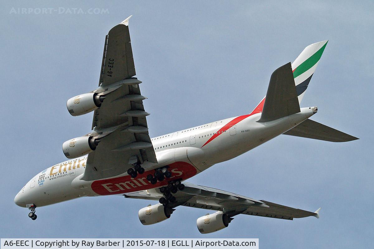 A6-EEC, 2012 Airbus A380-861 C/N 110, Airbus A380-861 [110] (Emirates Airlines) Home~G 18/07/2015. On approach 27R wearing Expo 2020 titles