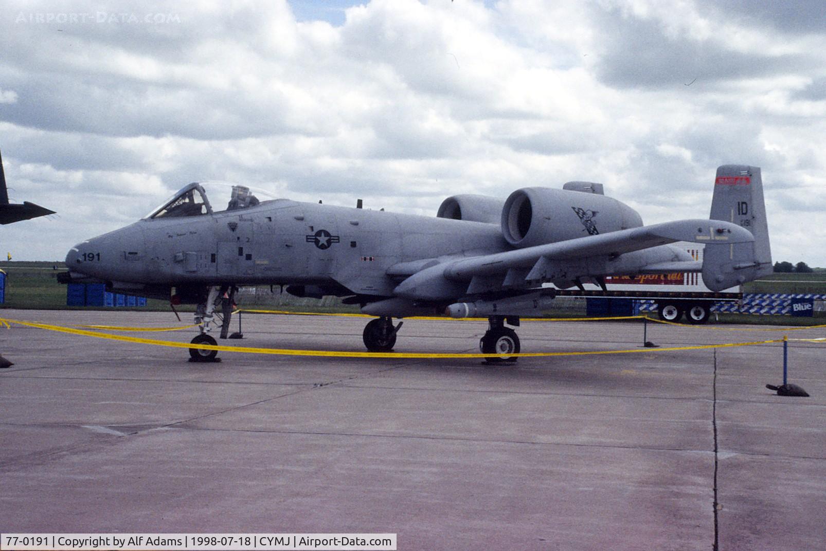 77-0191, 1977 Fairchild Republic A-10A Thunderbolt II C/N A10-0116, At the 1998 airshow at Canadian Forces Base Moose Jaw, Saskatchewan.