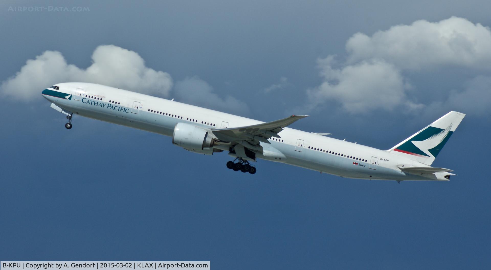 B-KPU, 2011 Boeing 777-367 C/N 39233, Cathay Pacific, is here taking off at Los Angeles Int'l(KLAX) for the long way home to Hong Kong(VHHH)