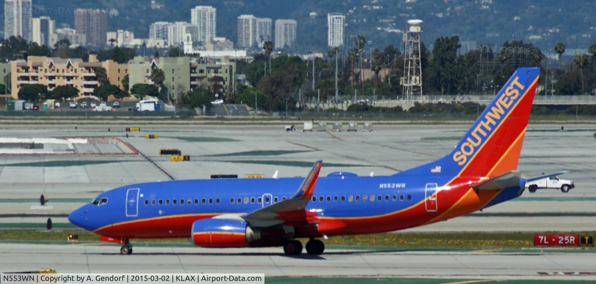 N553WN, 2002 Boeing 737-7BX C/N 30745, Southwest, is here taxiing at Los Angeles Int'l(KLAX), shortly after arrival