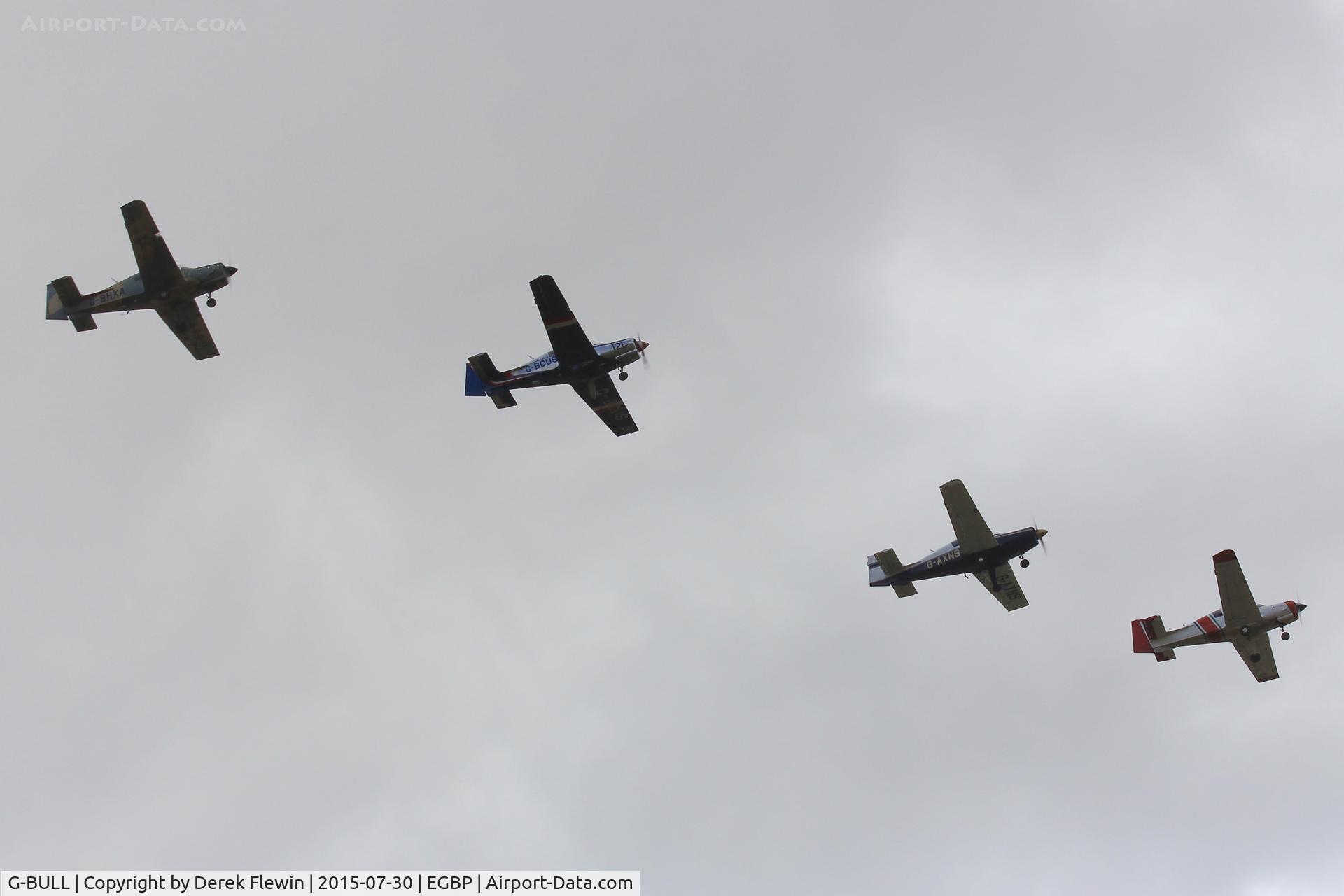 G-BULL, 1977 Scottish Aviation Bulldog Series 120 Model 128 C/N BH120/392, Bulldog, seen in formation with, G-AXNS, G-BCUS, G-BXHA, run and break runway 26.