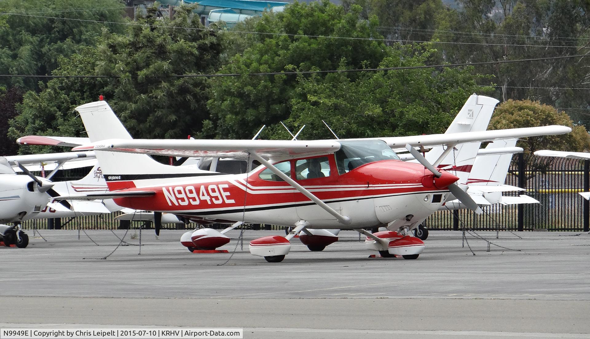 N9949E, 1975 Cessna 182P Skylane C/N 18264009, Keyt LLC (Missoula, MT) transient 1975 Cessna 182P parked at the Trade Winds ramp on an overcast morning at Reid Hillview Airport, CA.