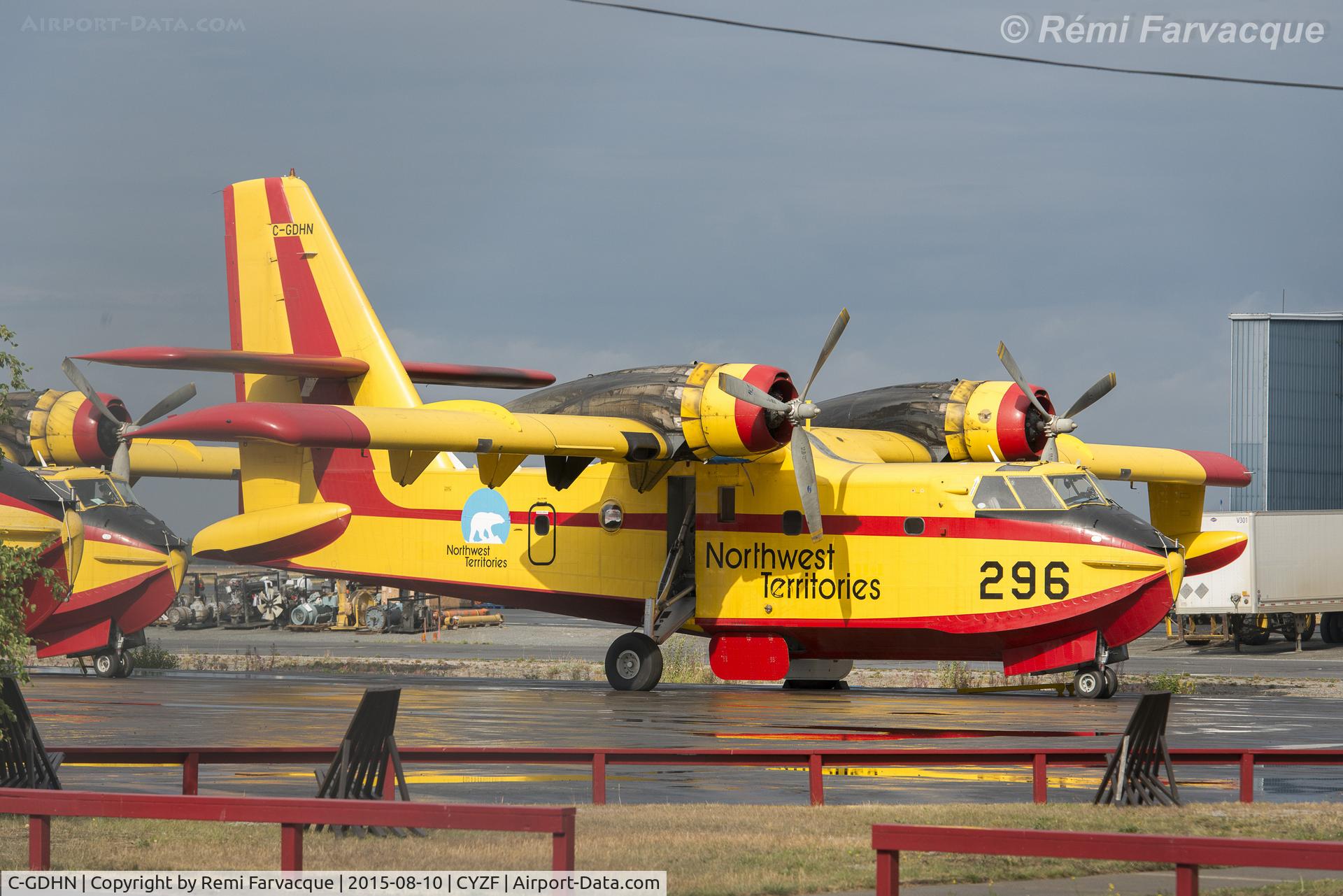 C-GDHN, 1986 Canadair CL-215-V (CL-215-1A10) C/N 1089, Parked with 7 other bombers for the morning - no action, had rained last night.