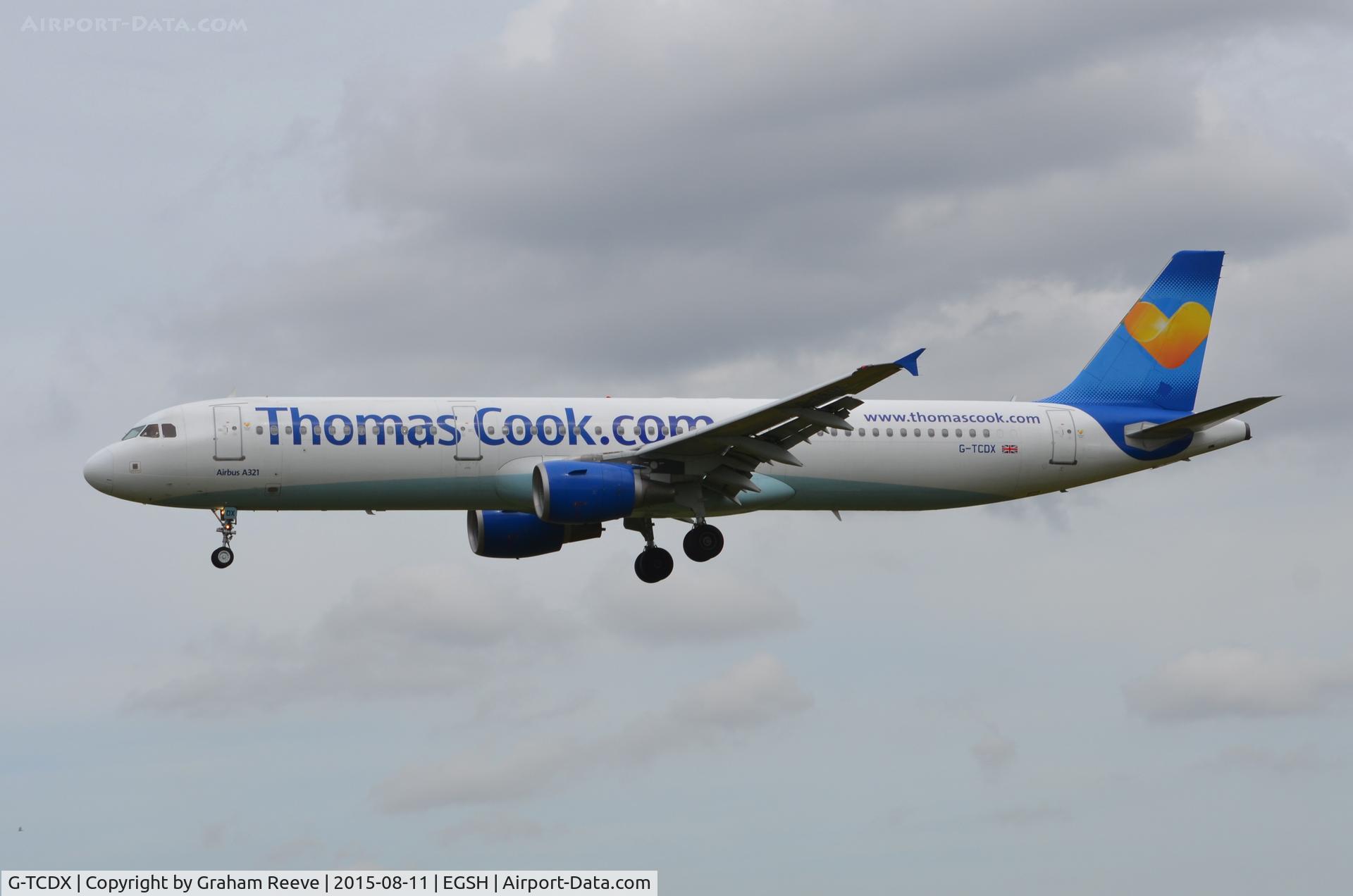 G-TCDX, 2002 Airbus A321-211 C/N 1887, Landing at Norwich.