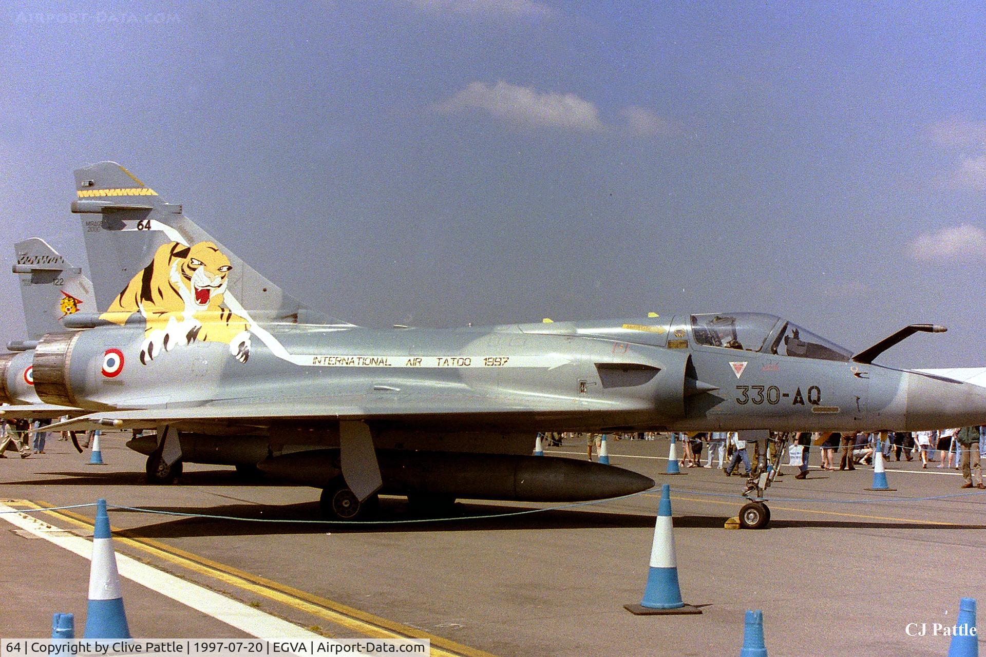 64, Dassault Mirage 2000C C/N 64, On display at RIAT '97 at RAF Fairford EGVA whilst coded '330-AQ' with EC 05.330 CEAM French Air Force with special marks 'Remove Before Takeoff' and International Air Tattoo 1997'