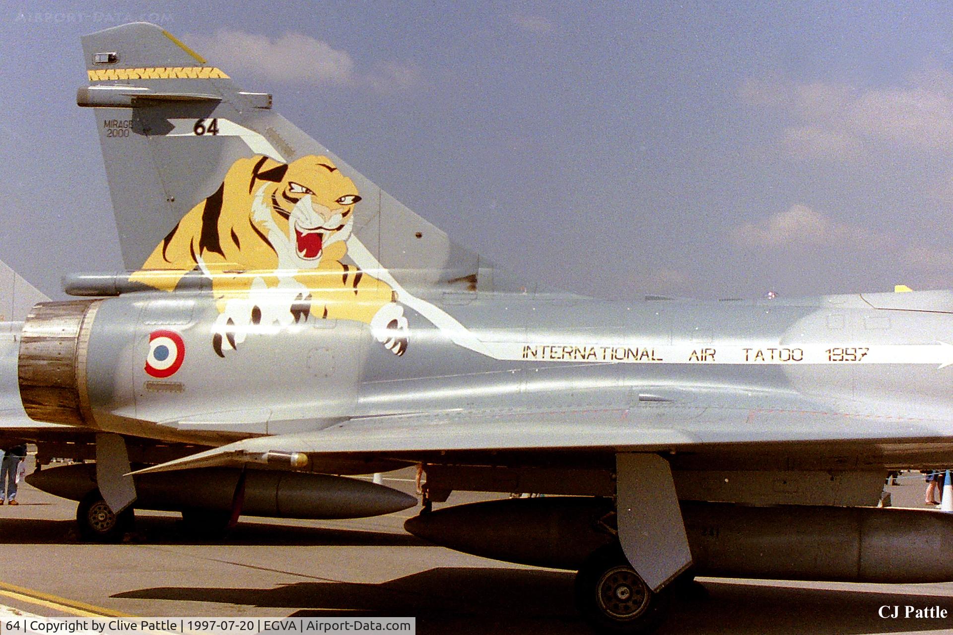 64, Dassault Mirage 2000C C/N 64, Close up of Tail Markings whilst on display at RIAT '97 at RAF Fairford EGVA whilst coded '330-AQ' with EC 05.330 CEAM French Air Force with special marks 'Remove Before Takeoff' and International Air Tattoo 1997'