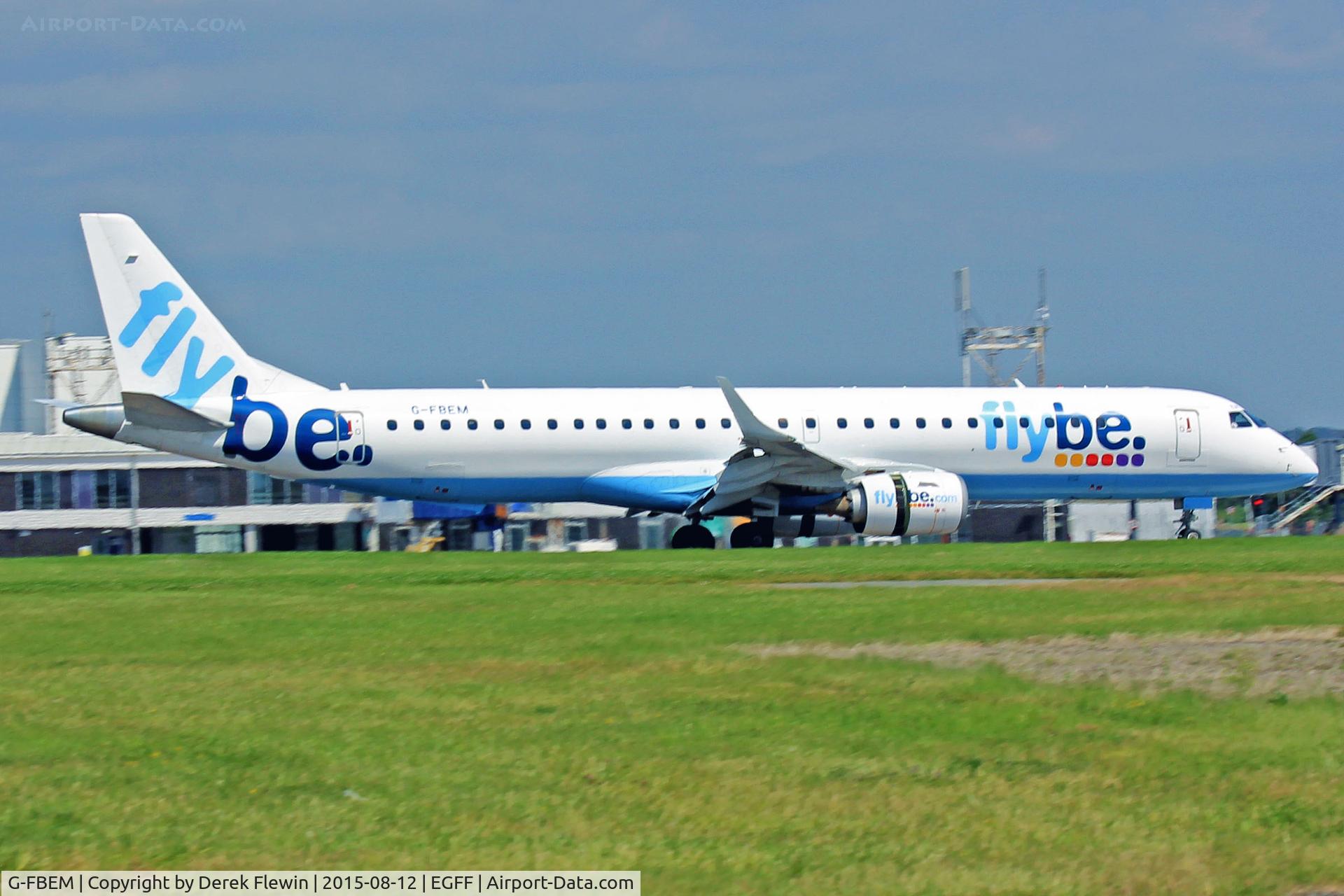 G-FBEM, 2008 Embraer 195LR (ERJ-190-200LR) C/N 19000204, EMBRAER 195, fLYBE, previously PT-SGN, callsign Jersey 2TB, landing on runway 12, out of Glasgow, note the open reverse thruster doors.