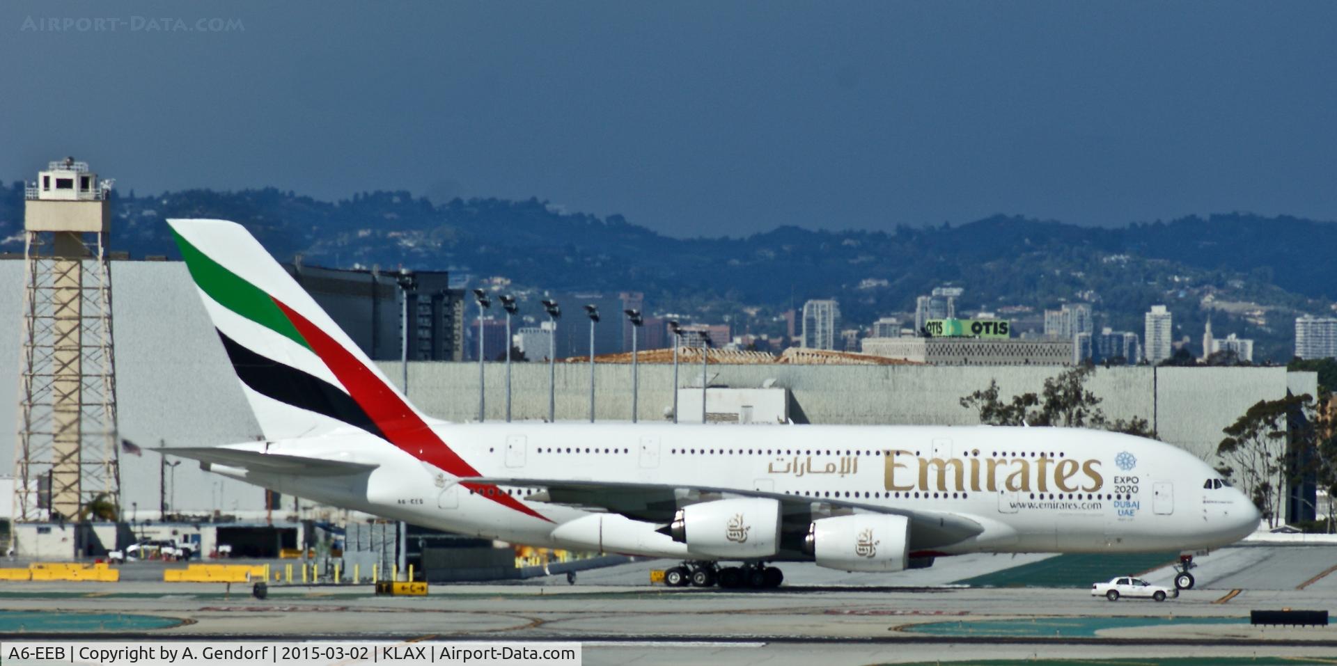 A6-EEB, 2012 Airbus A380-861 C/N 109, Emirates, is here taxiing to the gate at Los Angeles Int'l(KLAX)