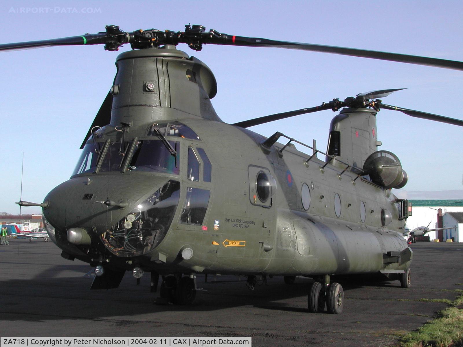 ZA718, Boeing Vertol Chinook HC.2 C/N M/A030/B-849/M7001, Chinook HC.2, callsign Vortex 536, of 18 Squadron on a visit to Carlisle in February 2004.