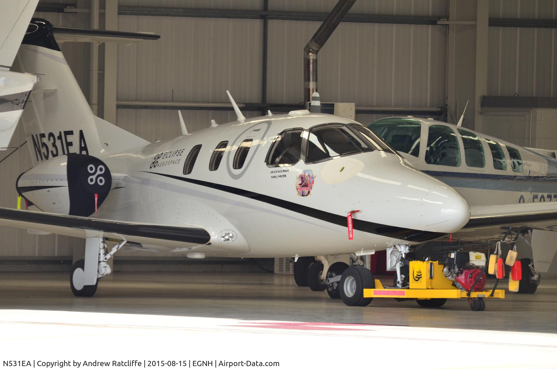 N531EA, 2007 Eclipse Aviation Corp EA500 C/N 000031, Eclipse Aerospace EA.500, in Hangar 3, Blackpool Airport, 15th August 2015