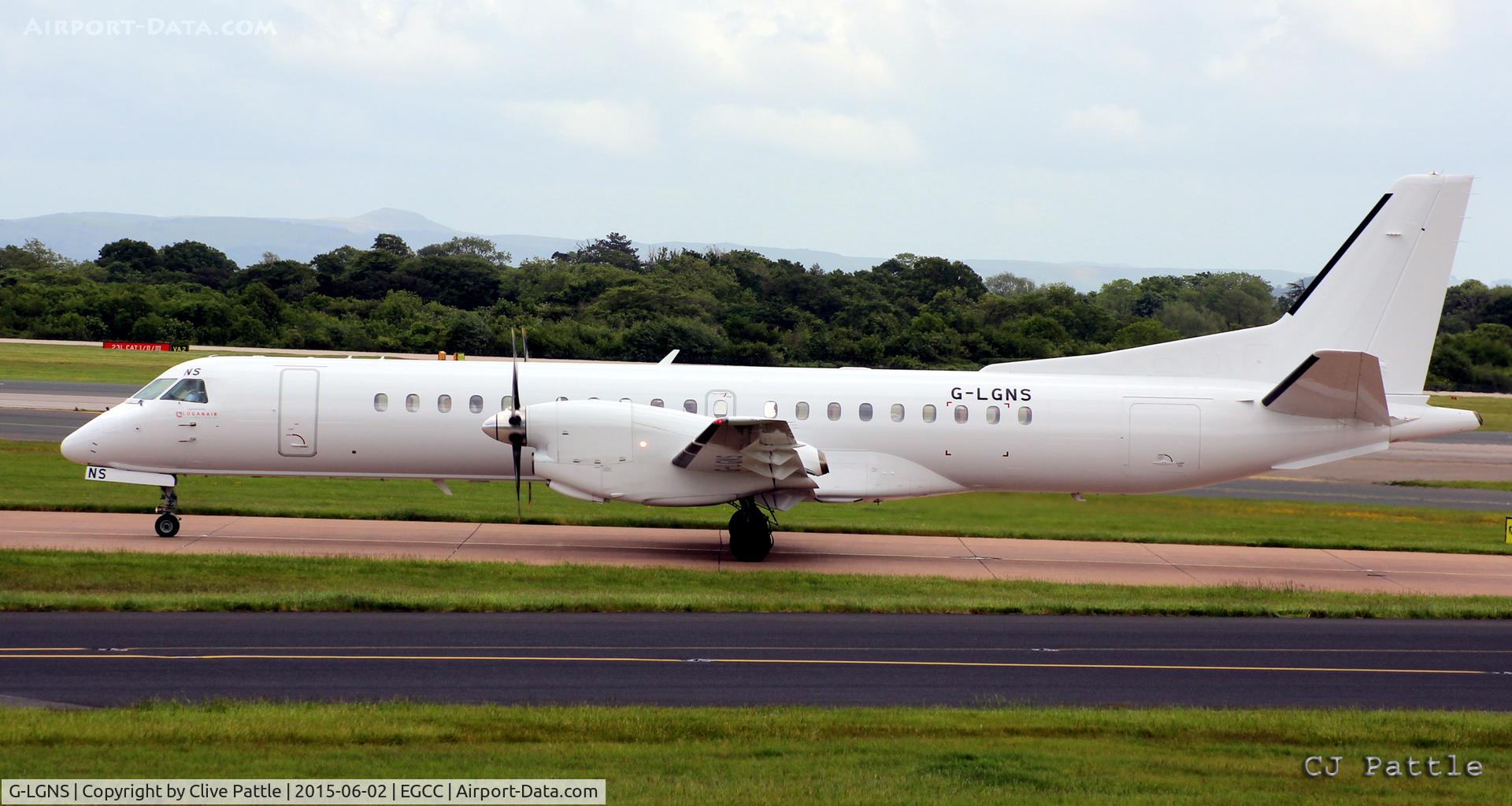 G-LGNS, 1996 Saab 2000 C/N 2000-041, Taxy to gate at Manchester EGCC, unmarked except small 'Loganair' titles on nose.