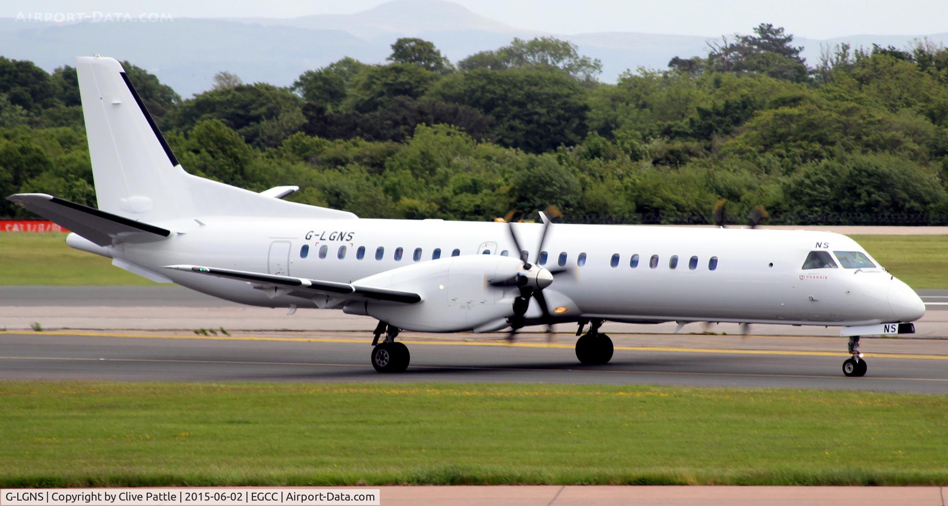 G-LGNS, 1996 Saab 2000 C/N 2000-041, Taxy to the terminal at Manchester Airport EGCC