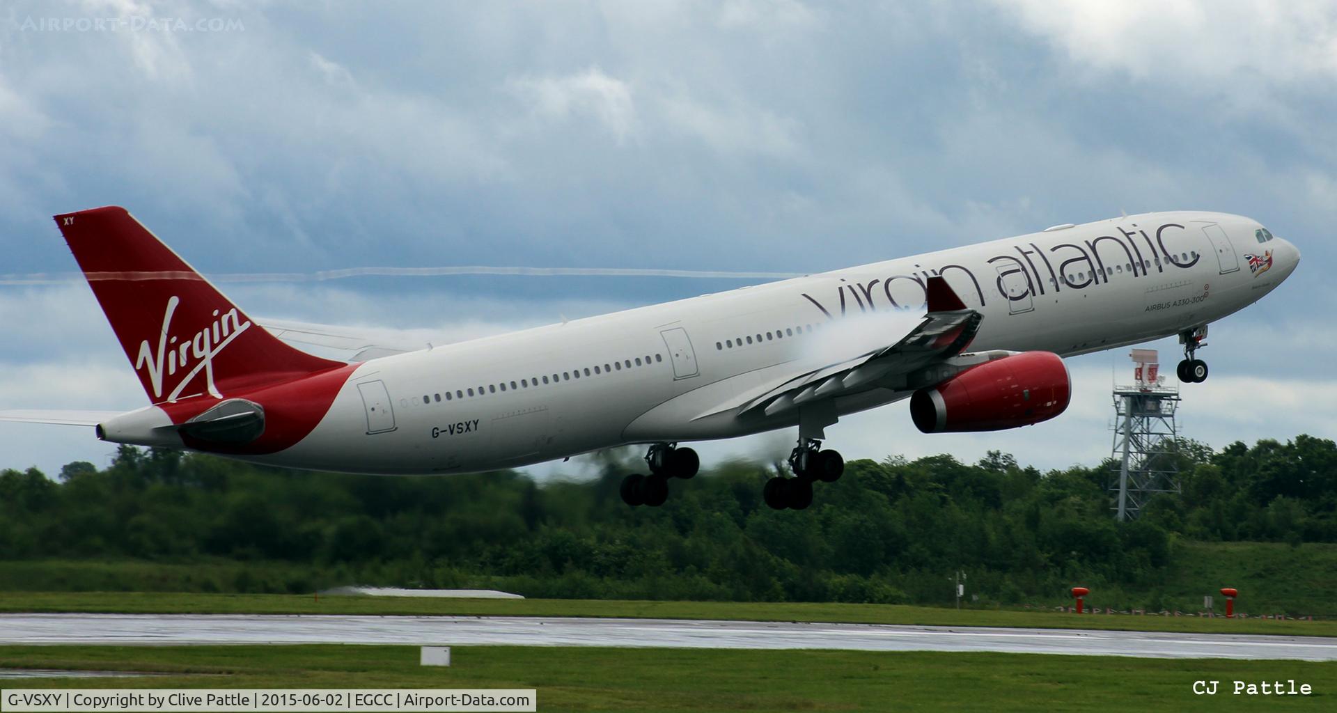 G-VSXY, 2010 Airbus A330-343X C/N 1195, Wing tip vortices and condensation on take-off at Manchester EGCC