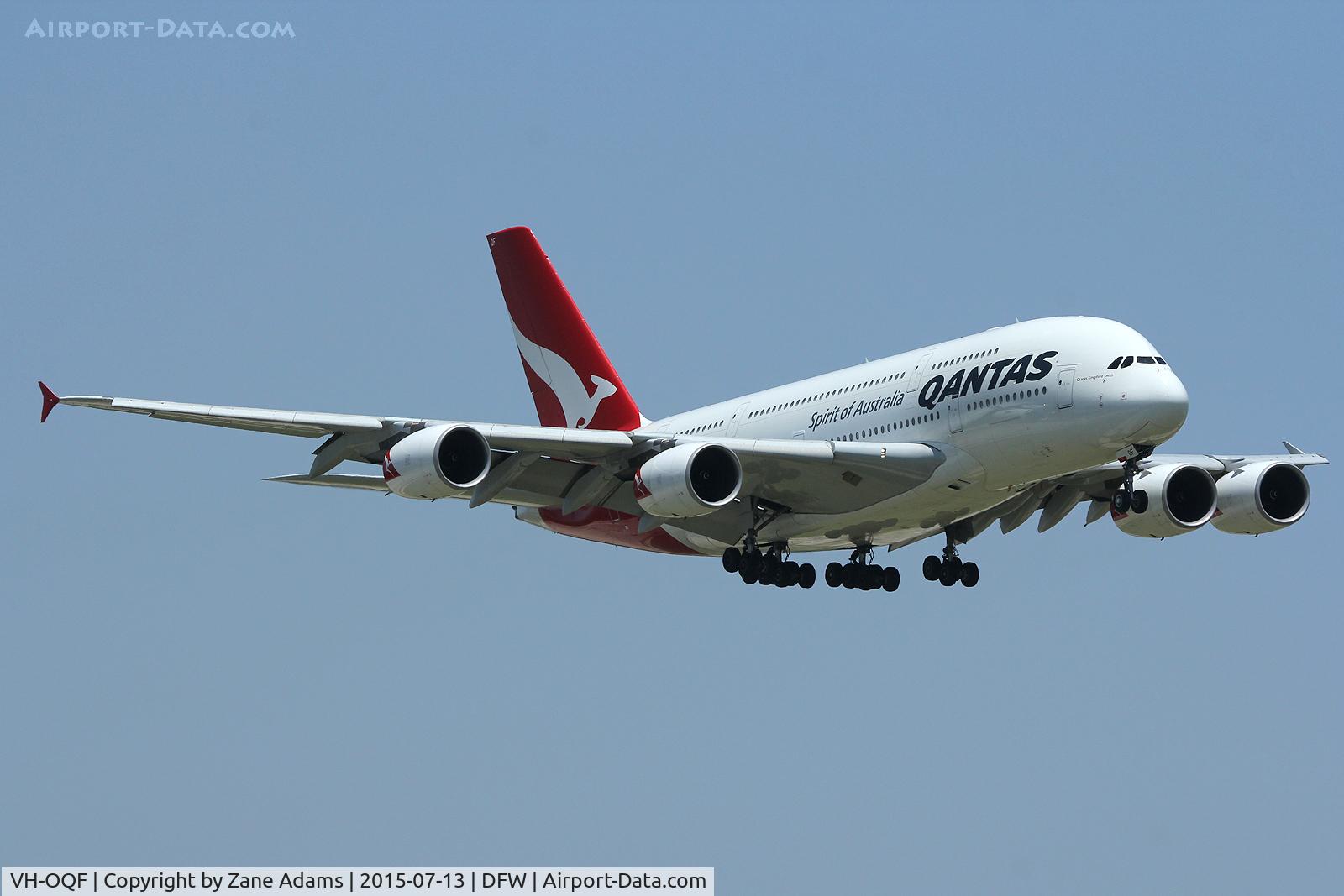 VH-OQF, 2009 Airbus A380-842 C/N 029, Landing at DFW Airport