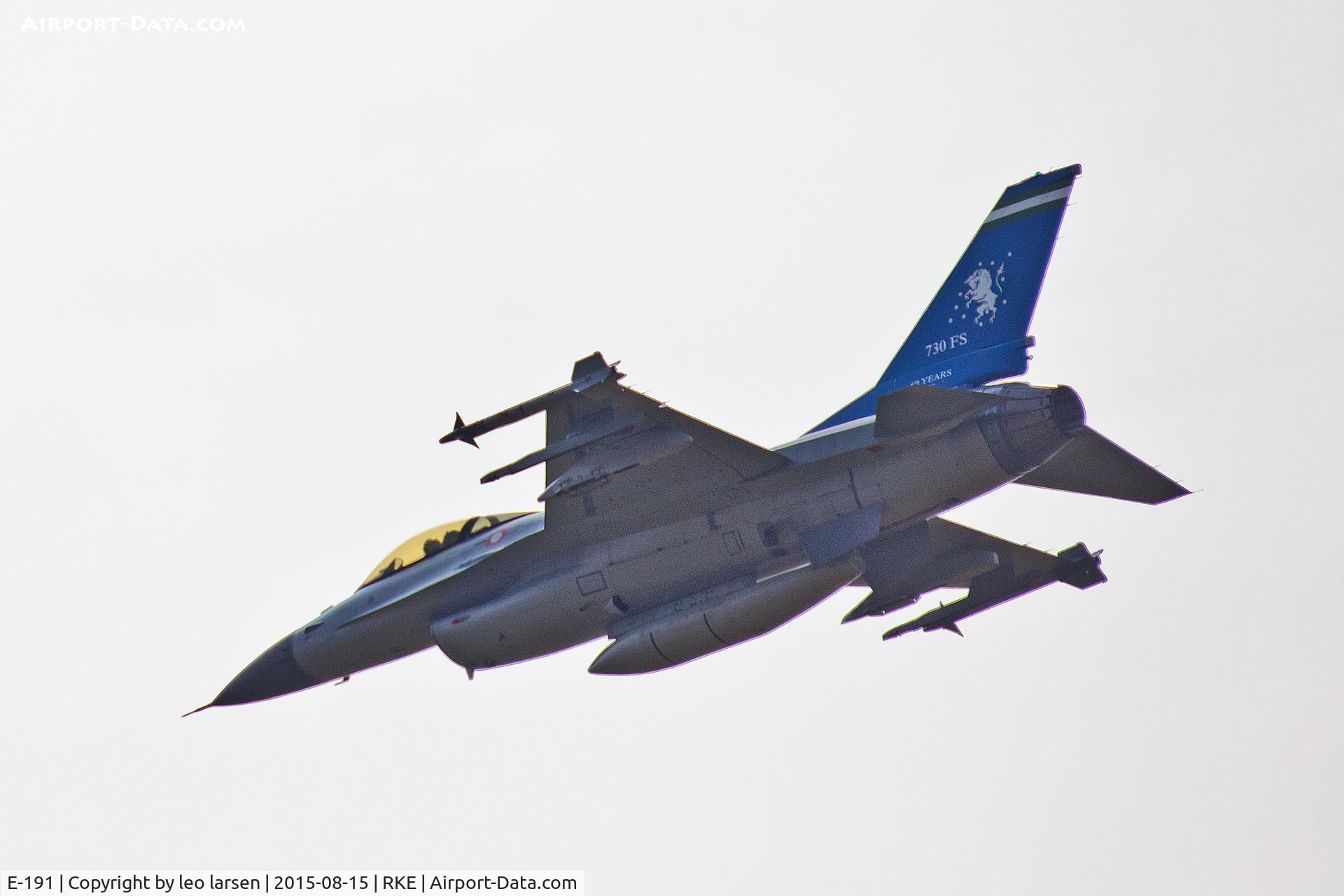 E-191, 1978 SABCA F-16AM Fighting Falcon C/N 6F-18, Roskilde Air Show 15.8.15 with Esk 730 60 years
anniversary tail color.