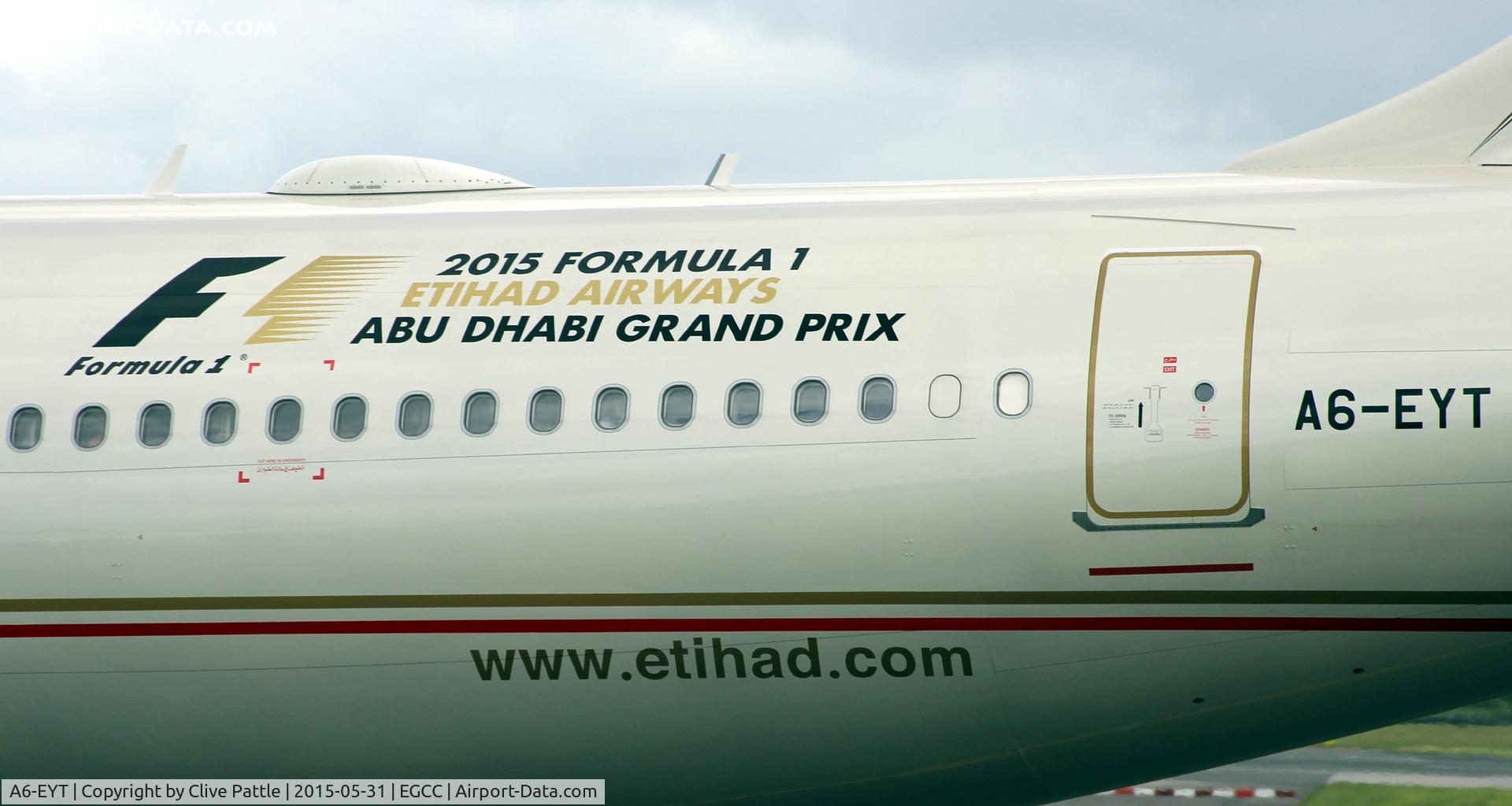 A6-EYT, 2013 Airbus A330-243 C/N 1486, Close up of the rear markings of 'EYT' at Manchester EGCC