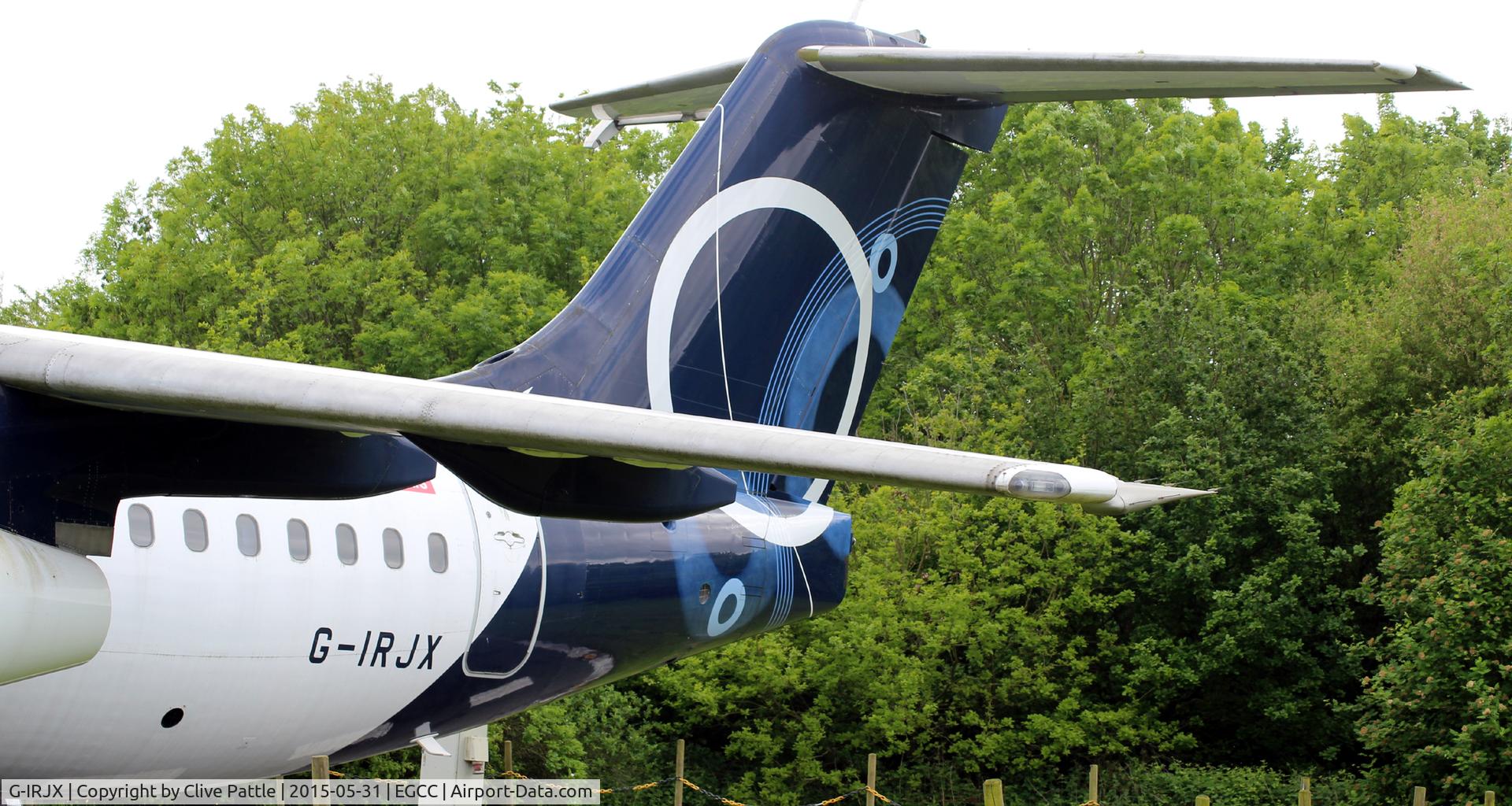 G-IRJX, 2001 British Aerospace Avro 146-RJ100 C/N E3378, Tail view - On static display at the Viewing Area at Manchester airport EGCC - free entry.