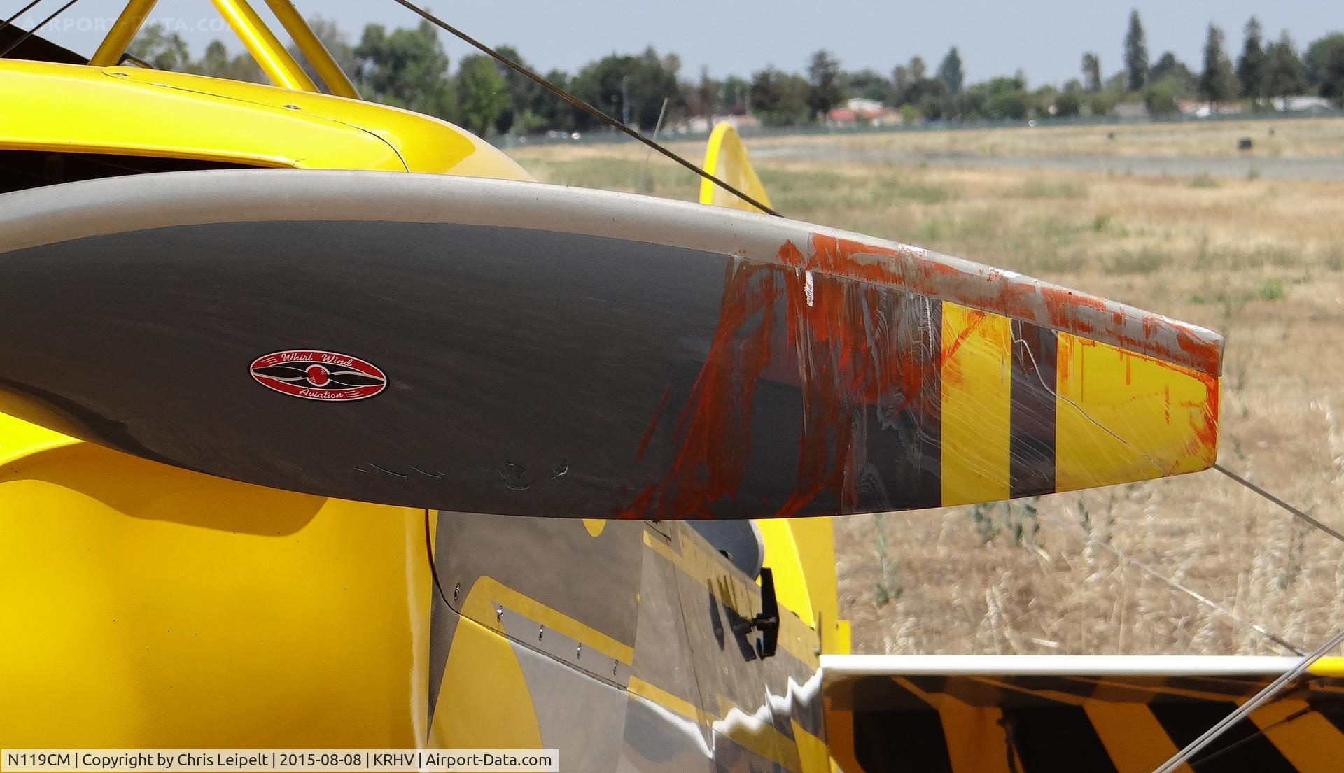 N119CM, 1987 Christen Eagle II C/N 00001, A locally based 1987 Christen Eagle II somehow managed to slip off runway 13L at Reid Hillview Airport, CA and ended up crashing into the VASI durning Young Eagles, leaving them with one runway! Paint from the VASI looks like blood on the prop.