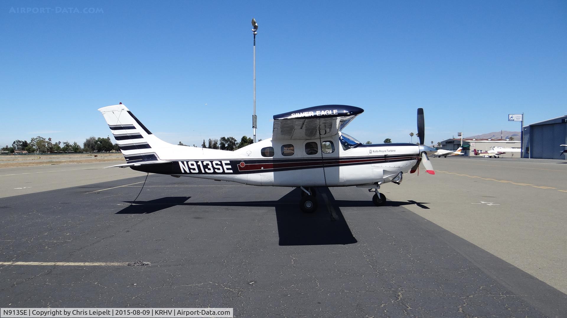 N913SE, 1978 Cessna P210N Pressurised Centurion C/N P21000038, A transient 1978 Cessna P210N equipped with a Rolls-Royce Turboprop engine (Willis, TX) parked on the transient ramp at Reid Hillview Airport, CA. This is one rare and expensive airplane.