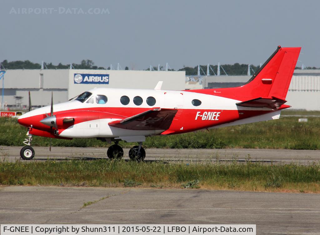 F-GNEE, 1993 Beech C90A King Air C/N LJ-1328, Taxiing holding point rwy 32R for departure... 'Adecco' titles removed...