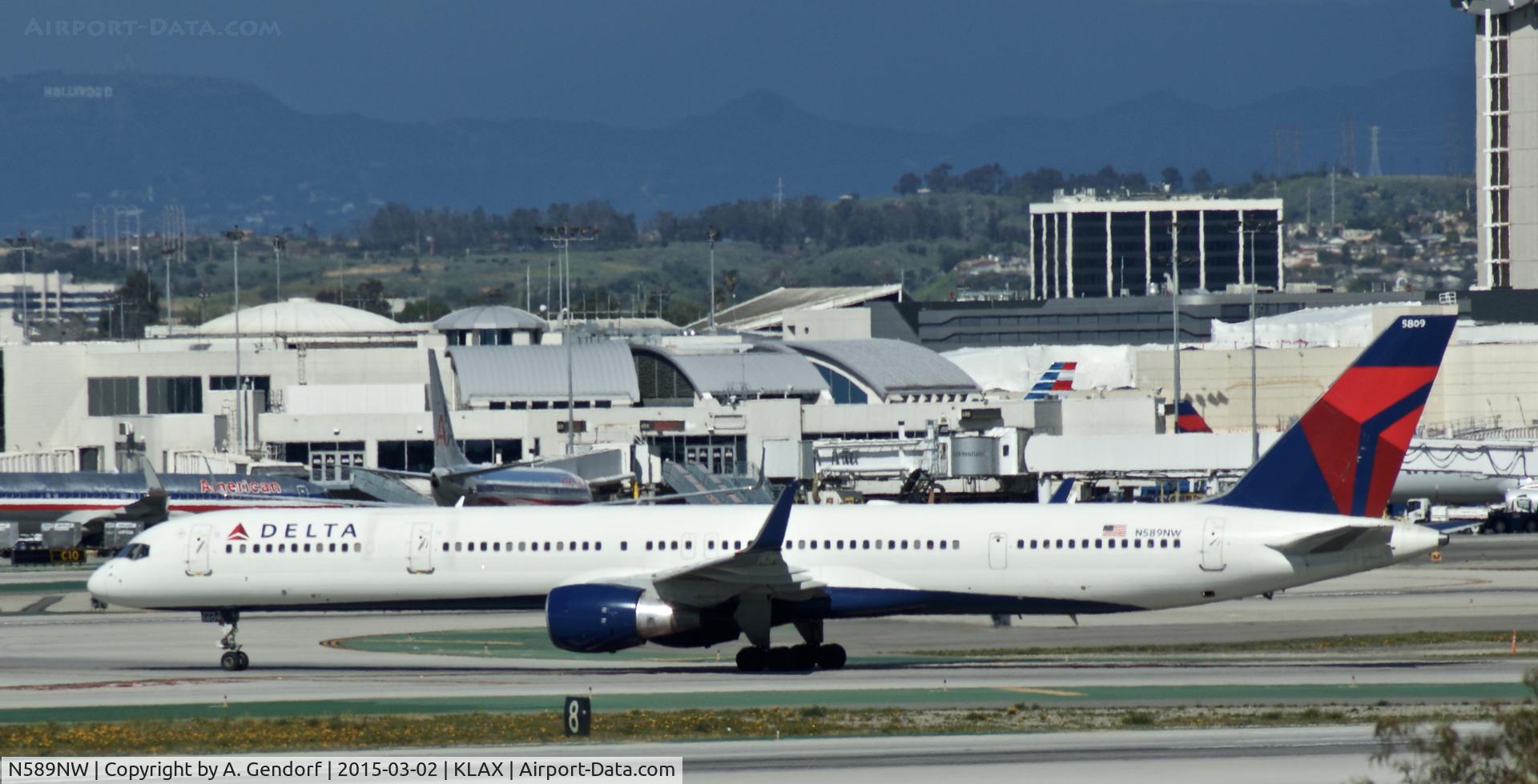 N589NW, 2003 Boeing 757-351 C/N 32989, Delta, seen here shortly after arrival at Los Angeles Int'l(KLAX)