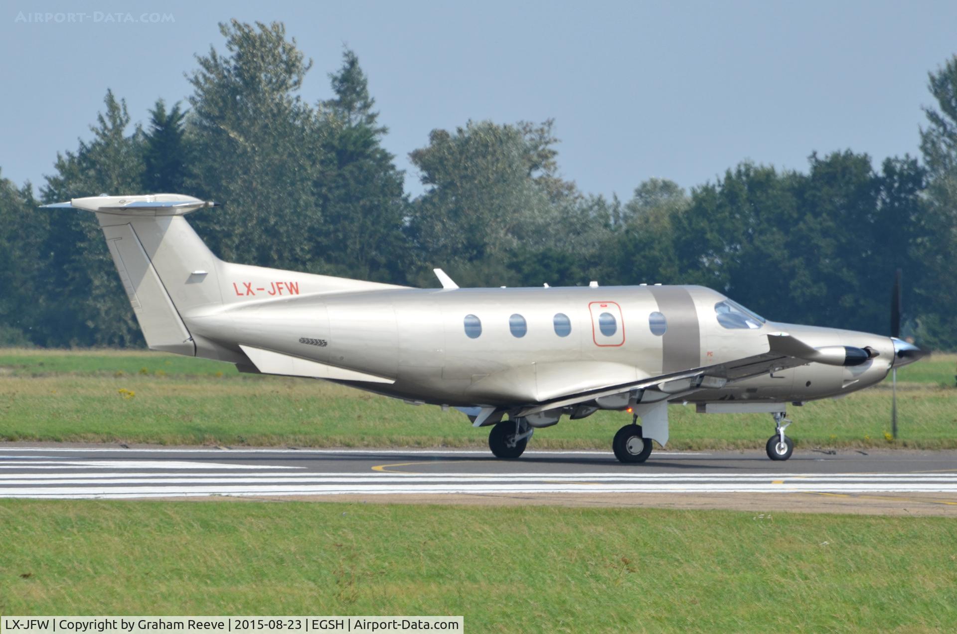 LX-JFW, 2014 Pilatus PC-12/47E C/N 1473, About to depart from Norwich.