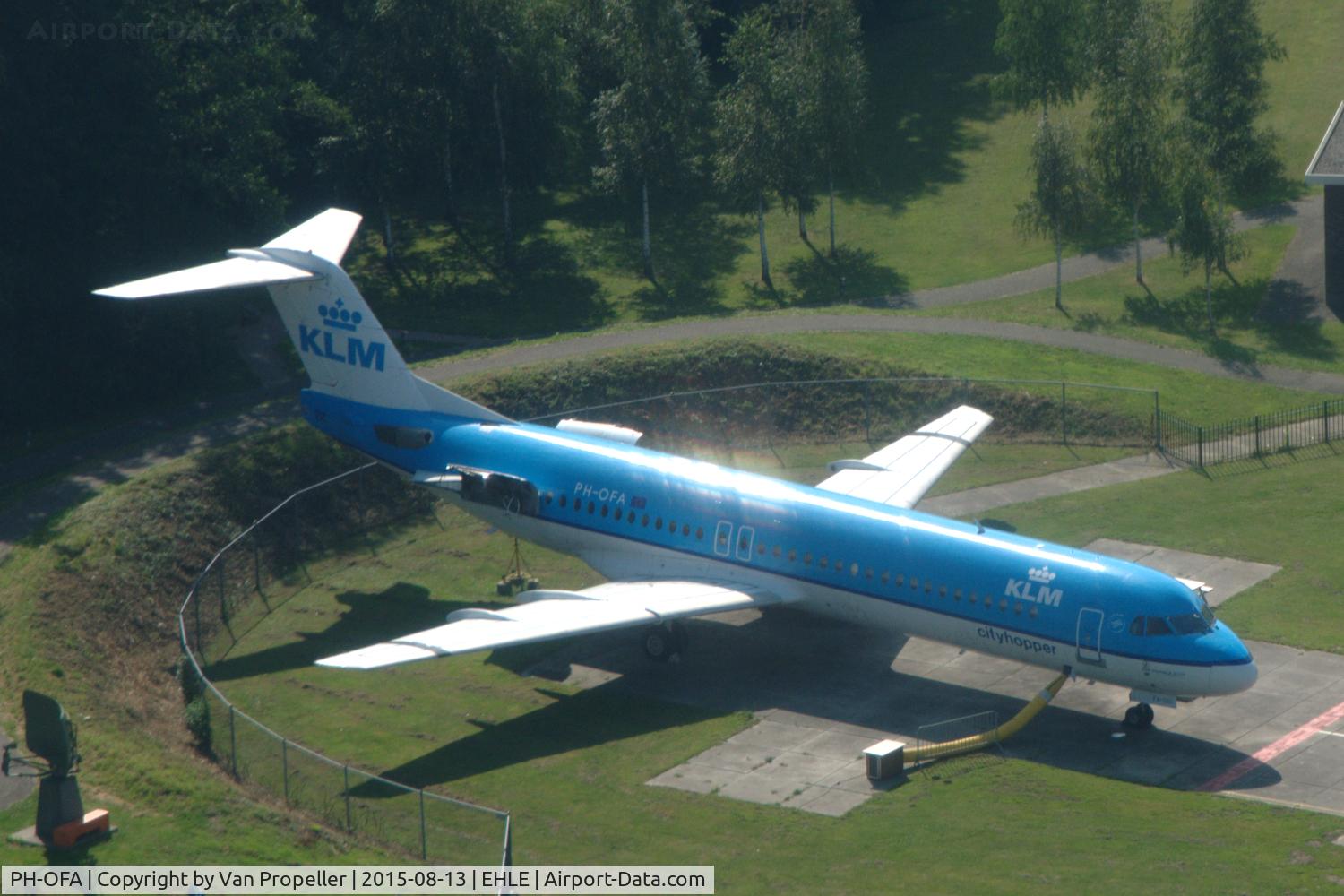 PH-OFA, 1988 Fokker 100 (F-28-0100) C/N 11246, The KLM Fokker 100 of the Aviodrome museum seen from a light aircraft during take off from Lelystad airport. Its engine nacelles have been removed.