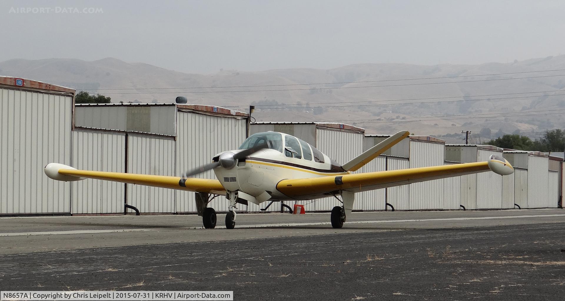 N8657A, 1949 Beech A35 Bonanza C/N D-2067, Locally-based 1949 Beechcraft A35 Bonanza taxing out for departure at Reid Hillview Airport, San Jose, CA.