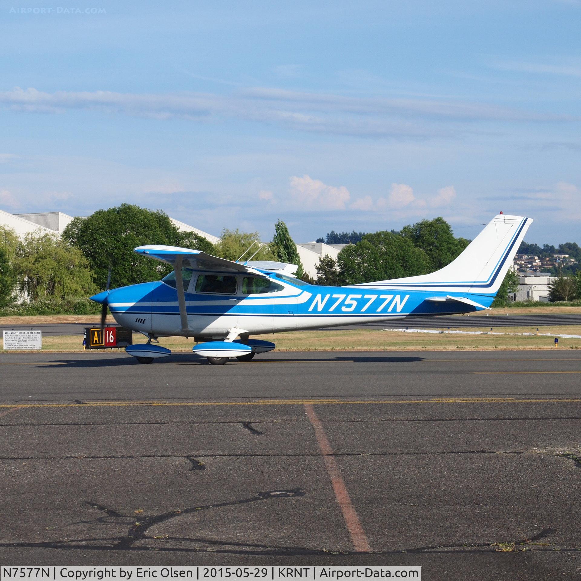 N7577N, 1974 Cessna 182P Skylane C/N 18263263, Cessna 182 approaching the North end of the Renton airport for takeoff.