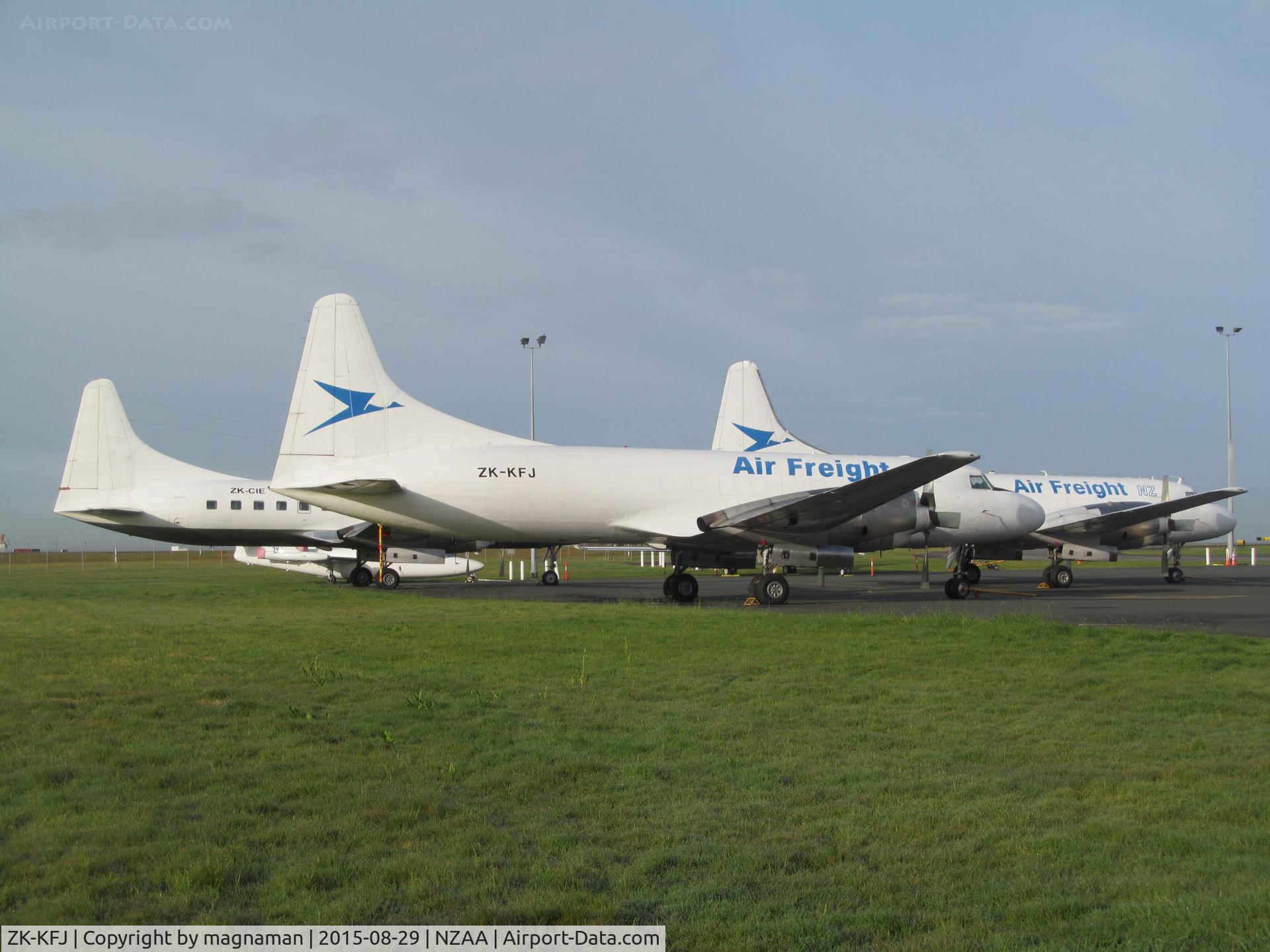 ZK-KFJ, Convair 580/F C/N 114, Three convairs (KFL to right and CIE to left) on convair apron this morning. Not for much longer though :-(
