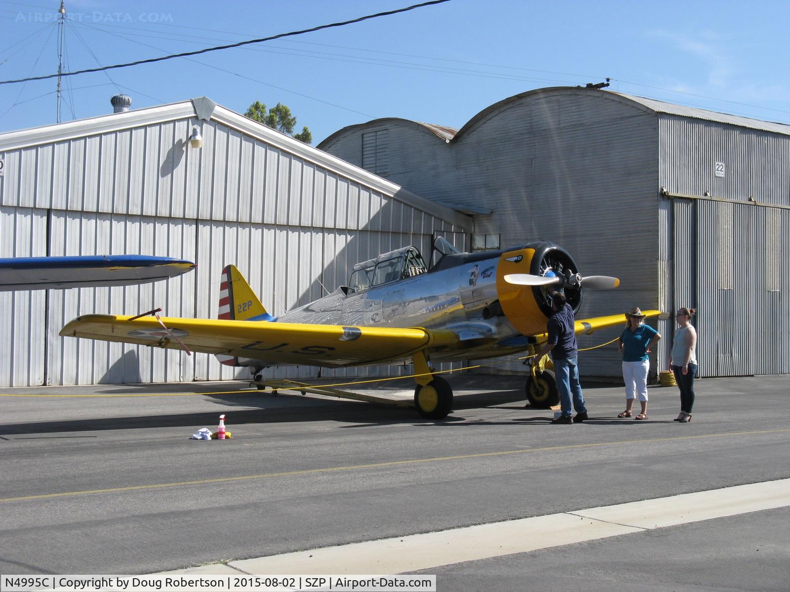 N4995C, 1949 North American T-6G Texan C/N 168-481, 1949 North American T-6G 'Thirsty Girl' of Condor Squadron, 1949 factory remanufacture, P&W R-1340 600 Hp radial, Reno-raced, SZP-based, at SZP's 85th Anniversary celebration display