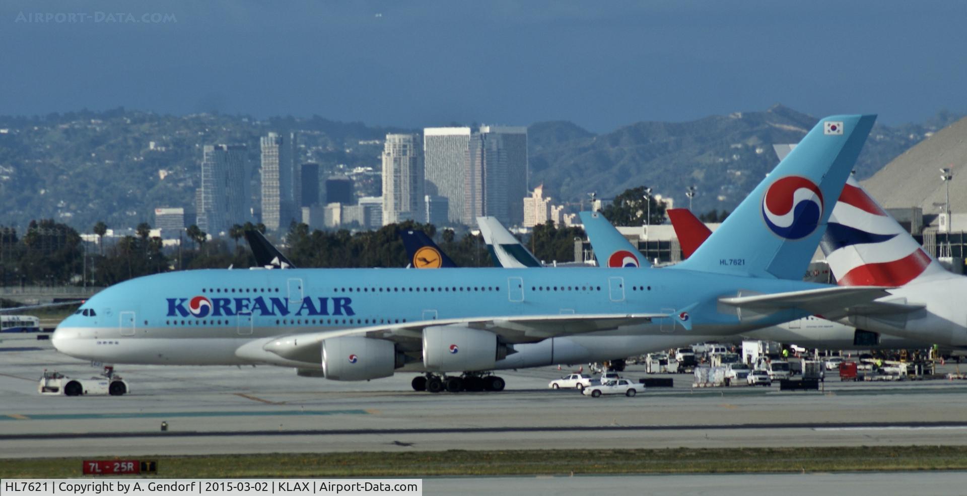 HL7621, 2012 Airbus A380-861 C/N 0126, Korean Air, seen here at Los Angeles(KLAX) while being towed to the parking area