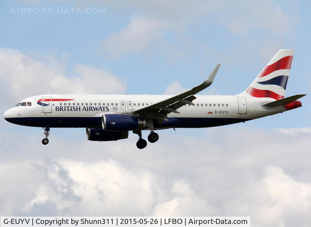 G-EUYV, 2014 Airbus A320-232 C/N 6091, Landing rwy 32L with blended sharklets fitted